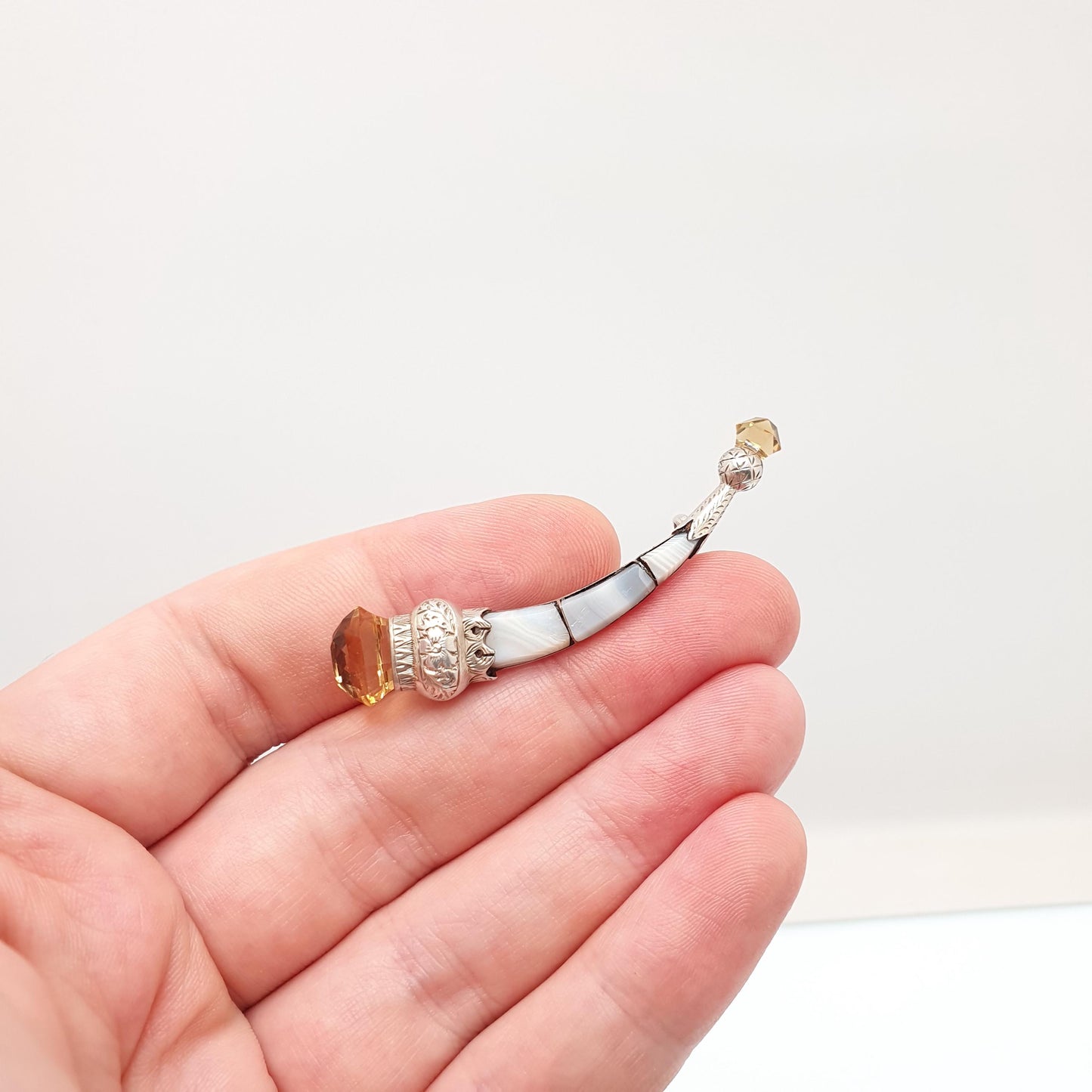 Antique Victorian Sterling Silver Citrine Brooch Crescent Moon Horn Montrose Lace Agate Scottish Pin Gemstone Vintage Jewelry Jewellery