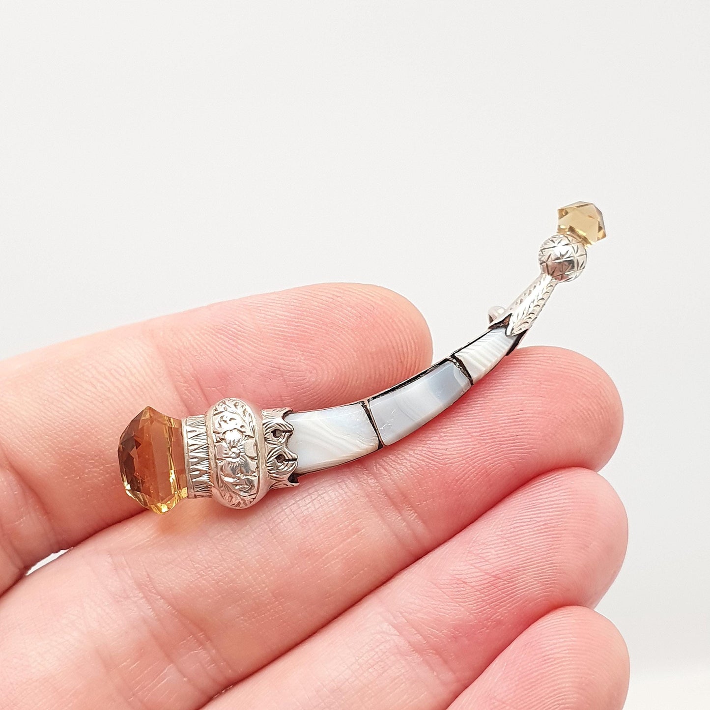 Antique Victorian Sterling Silver Citrine Brooch Crescent Moon Horn Montrose Lace Agate Scottish Pin Gemstone Vintage Jewelry Jewellery