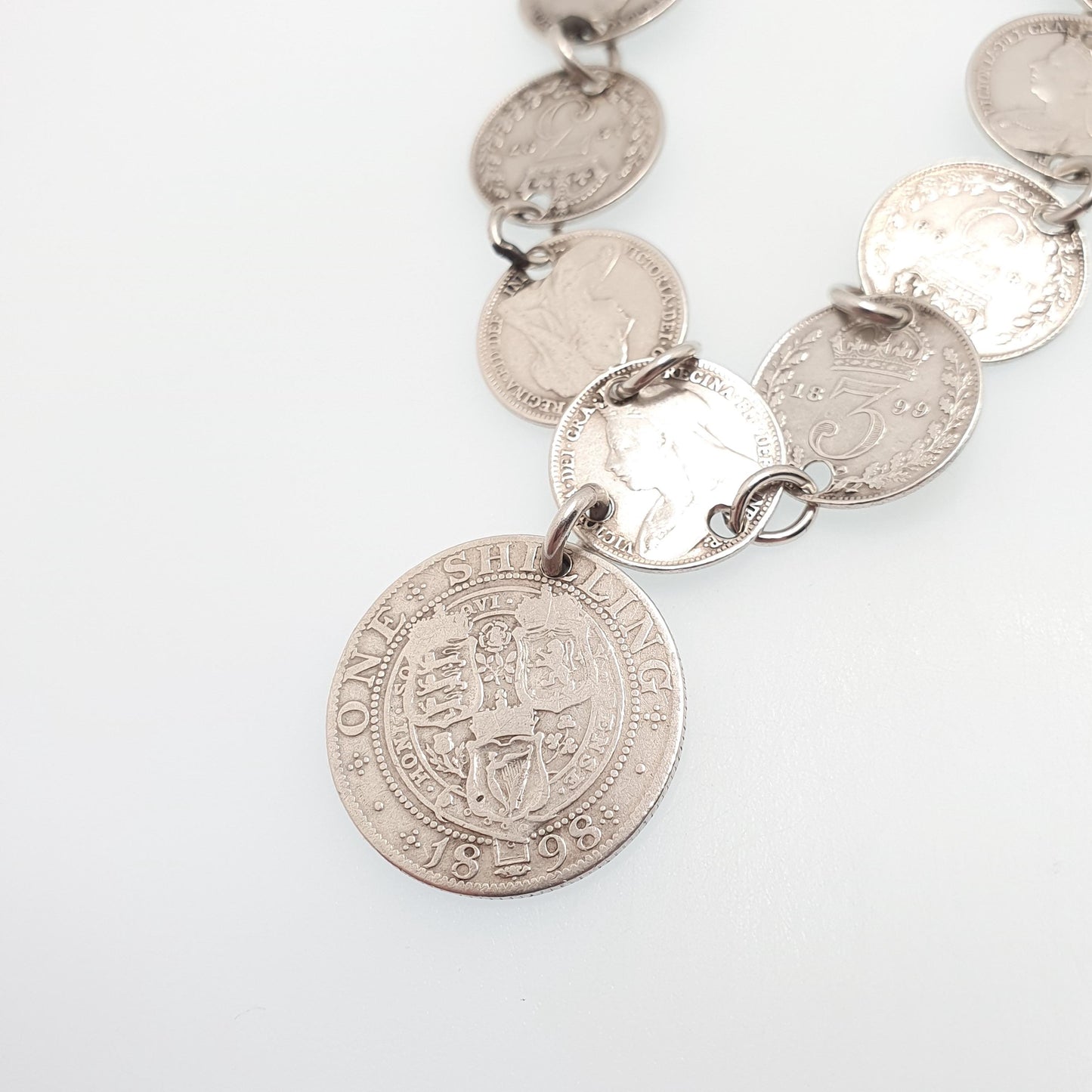 Antique Sterling Silver Coin Necklace Threepence Shilling Chain Vintage Womens Jewelry Jewellery