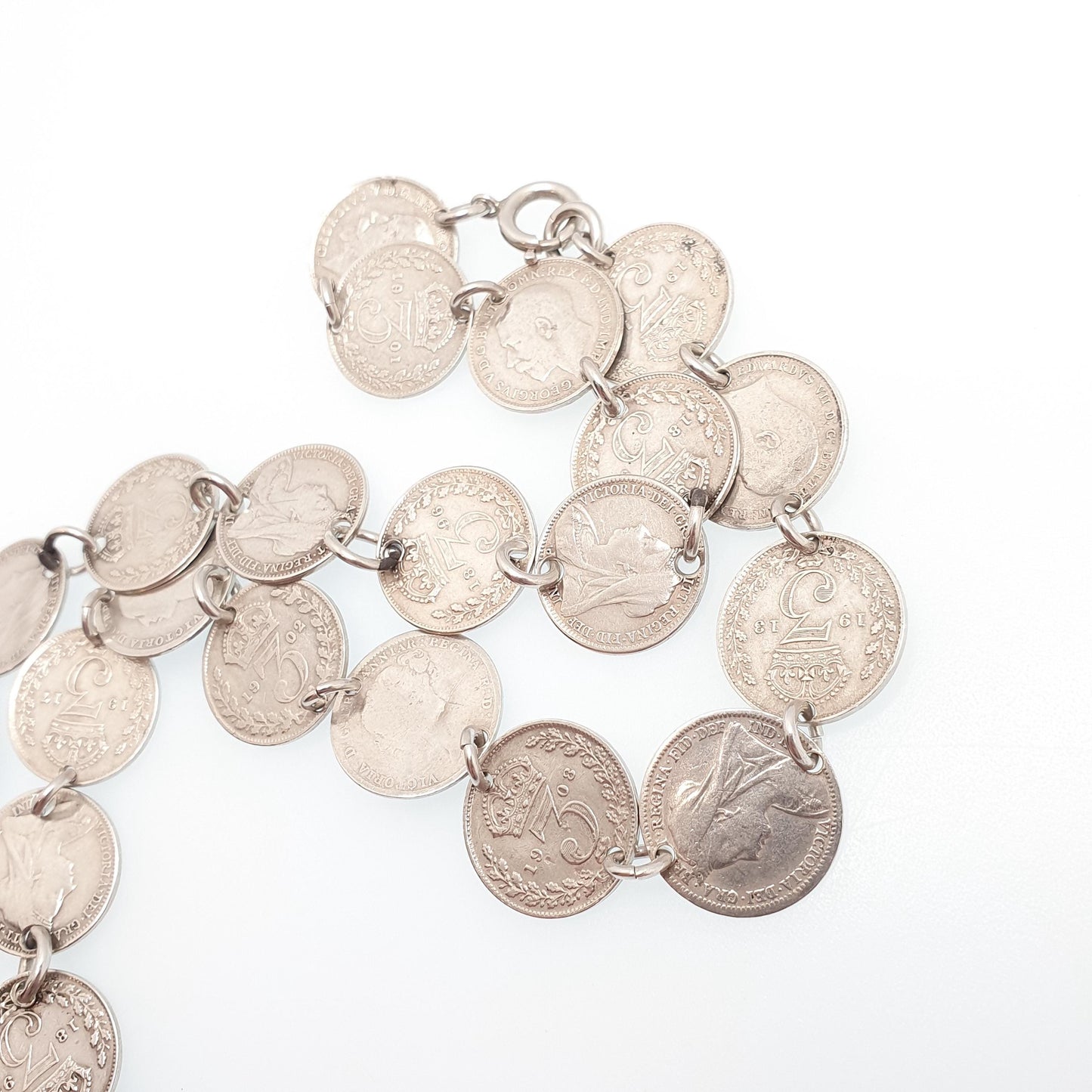 Antique Sterling Silver Coin Necklace Threepence Shilling Chain Vintage Womens Jewelry Jewellery