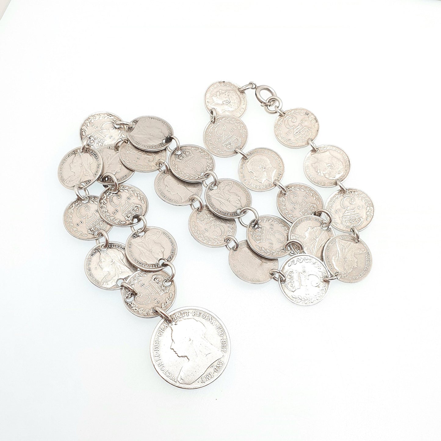 Antique Sterling Silver Coin Necklace Threepence Shilling Chain Vintage Womens Jewelry Jewellery
