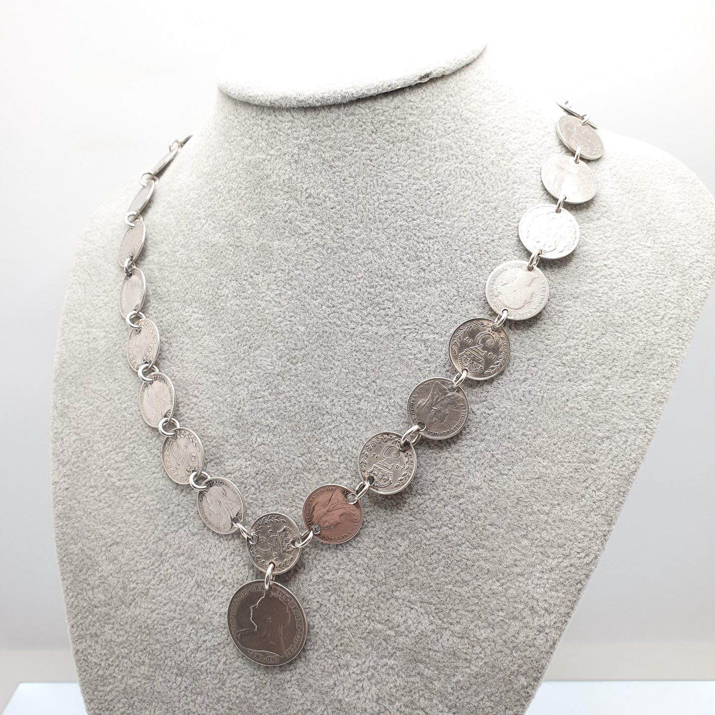 Antique Sterling Silver Coin Necklace Threepence Shilling Chain Vintage Womens Jewelry Jewellery