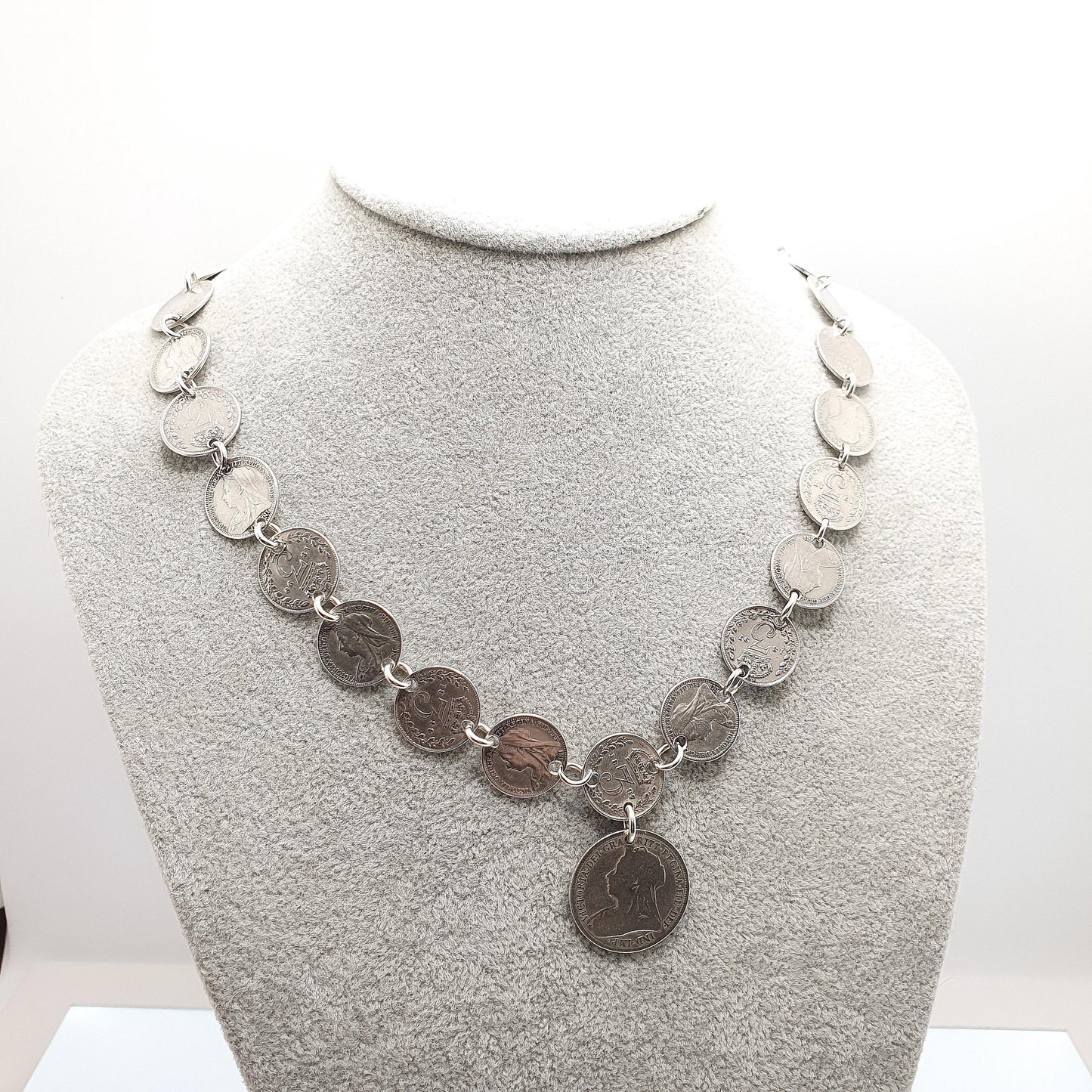 Antique Sterling Silver Coin Necklace Threepence Shilling Chain Vintage Womens Jewelry Jewellery