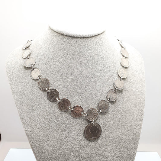 Antique Sterling Silver Coin Necklace Threepence Shilling Chain Vintage Womens Jewelry Jewellery