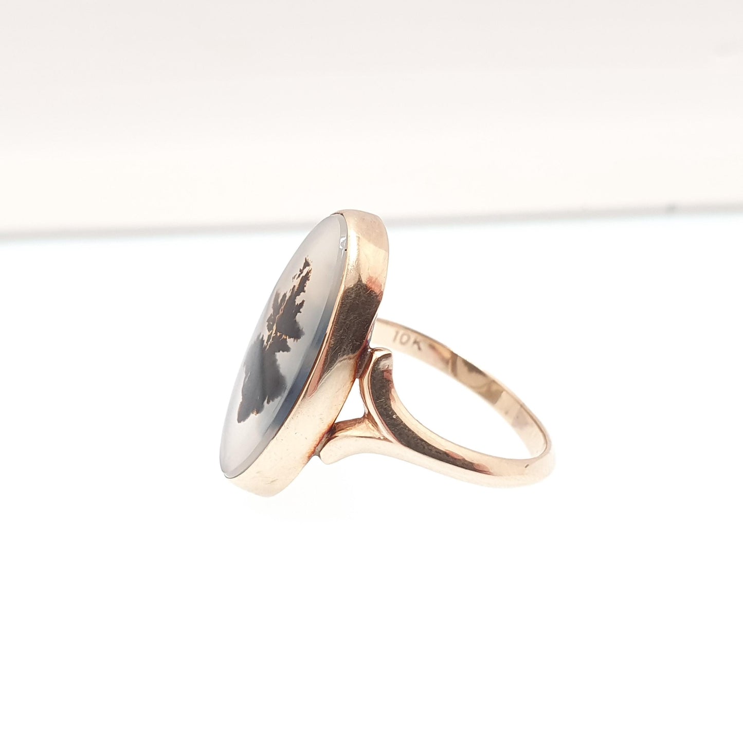 Antique 10k Gold Dendritic Agate Ring Veined Gemstone Signet Oval Solid 10kt 417 Vintage Jewelry