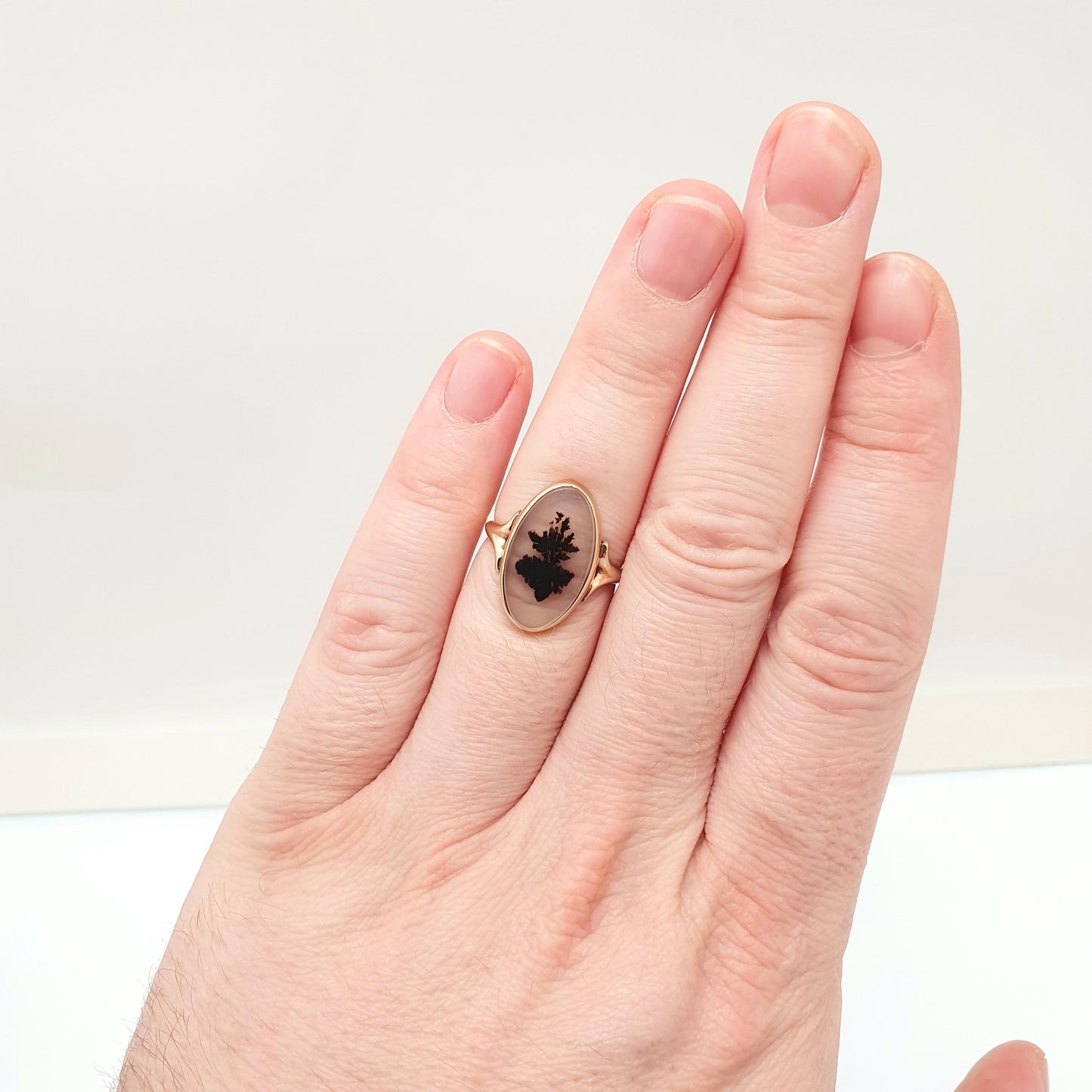Antique 10k Gold Dendritic Agate Ring Veined Gemstone Signet Oval Solid 10kt 417 Vintage Jewelry