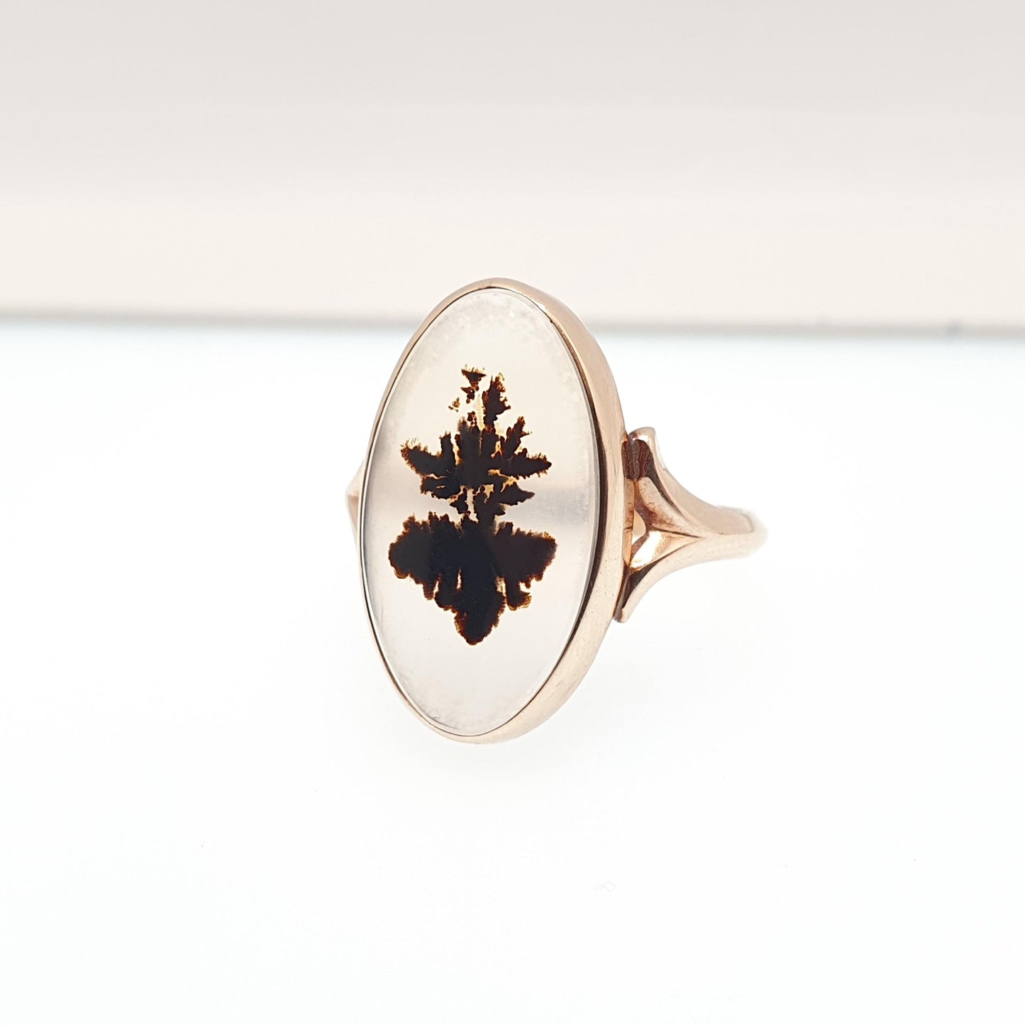 Antique 10k Gold Dendritic Agate Ring Veined Gemstone Signet Oval Solid 10kt 417 Vintage Jewelry