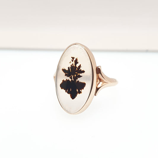 Antique 10k Gold Dendritic Agate Ring Veined Gemstone Signet Oval Solid 10kt 417 Vintage Jewelry