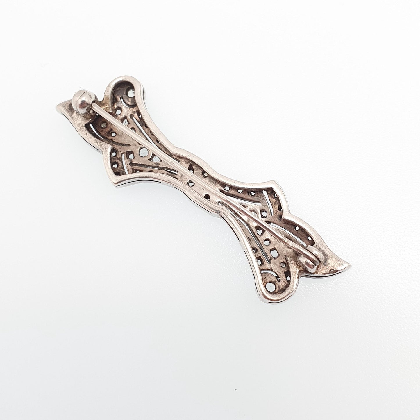 Antique Solid Silver Diamond Paste Brooch Art Deco Bow Scroll Pin 1920s Flapper Geometric Vintage Jewellery Jewelry
