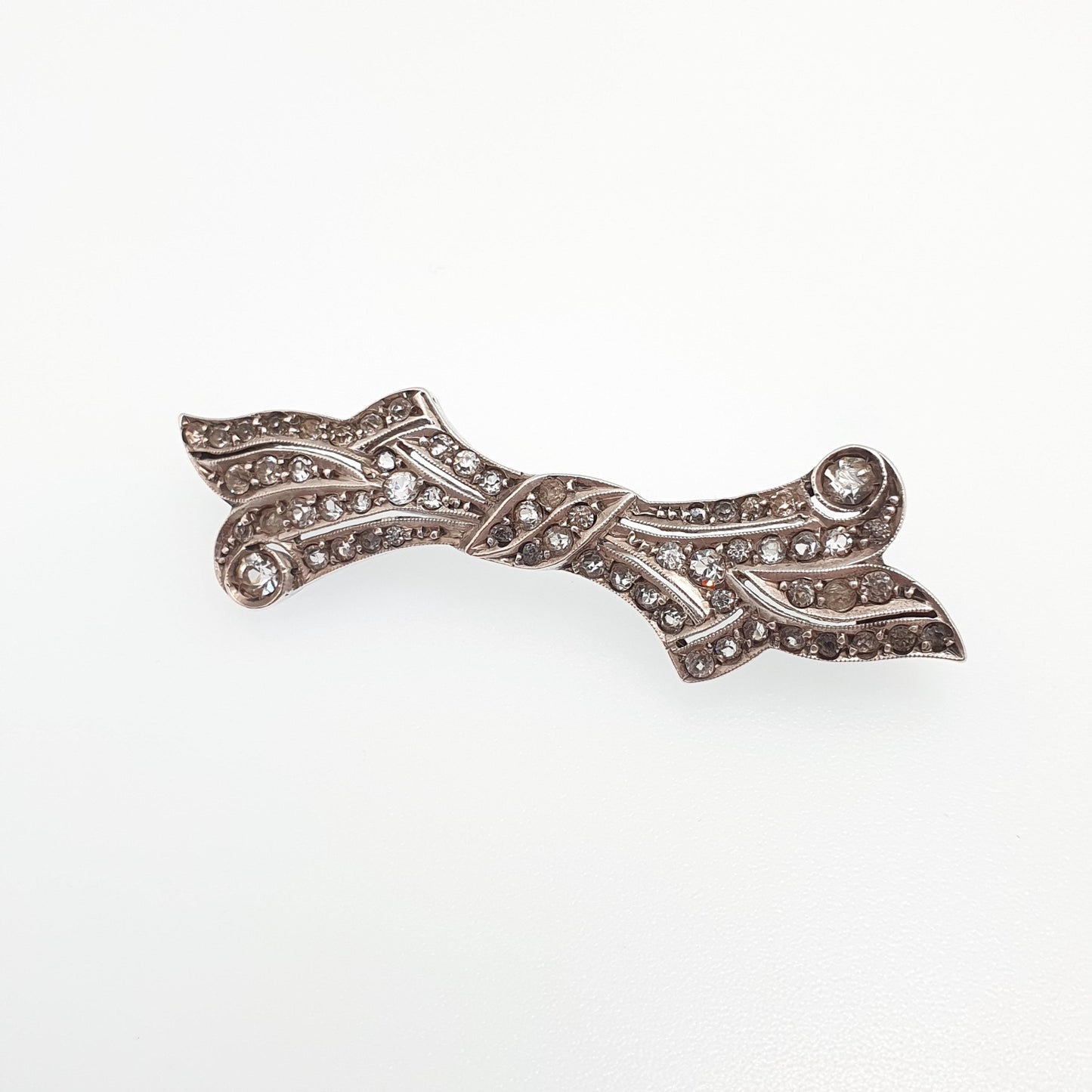 Antique Solid Silver Diamond Paste Brooch Art Deco Bow Scroll Pin 1920s Flapper Geometric Vintage Jewellery Jewelry