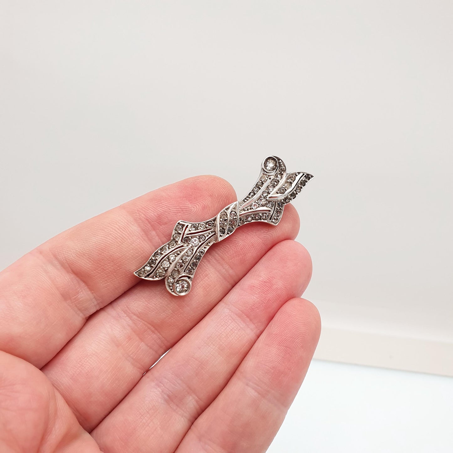 Antique Solid Silver Diamond Paste Brooch Art Deco Bow Scroll Pin 1920s Flapper Geometric Vintage Jewellery Jewelry