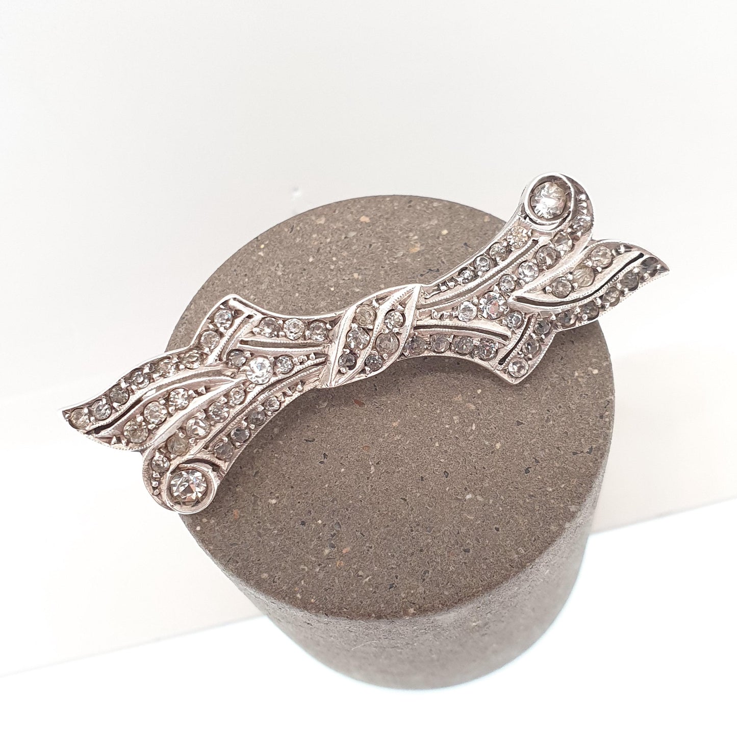 Antique Solid Silver Diamond Paste Brooch Art Deco Bow Scroll Pin 1920s Flapper Geometric Vintage Jewellery Jewelry