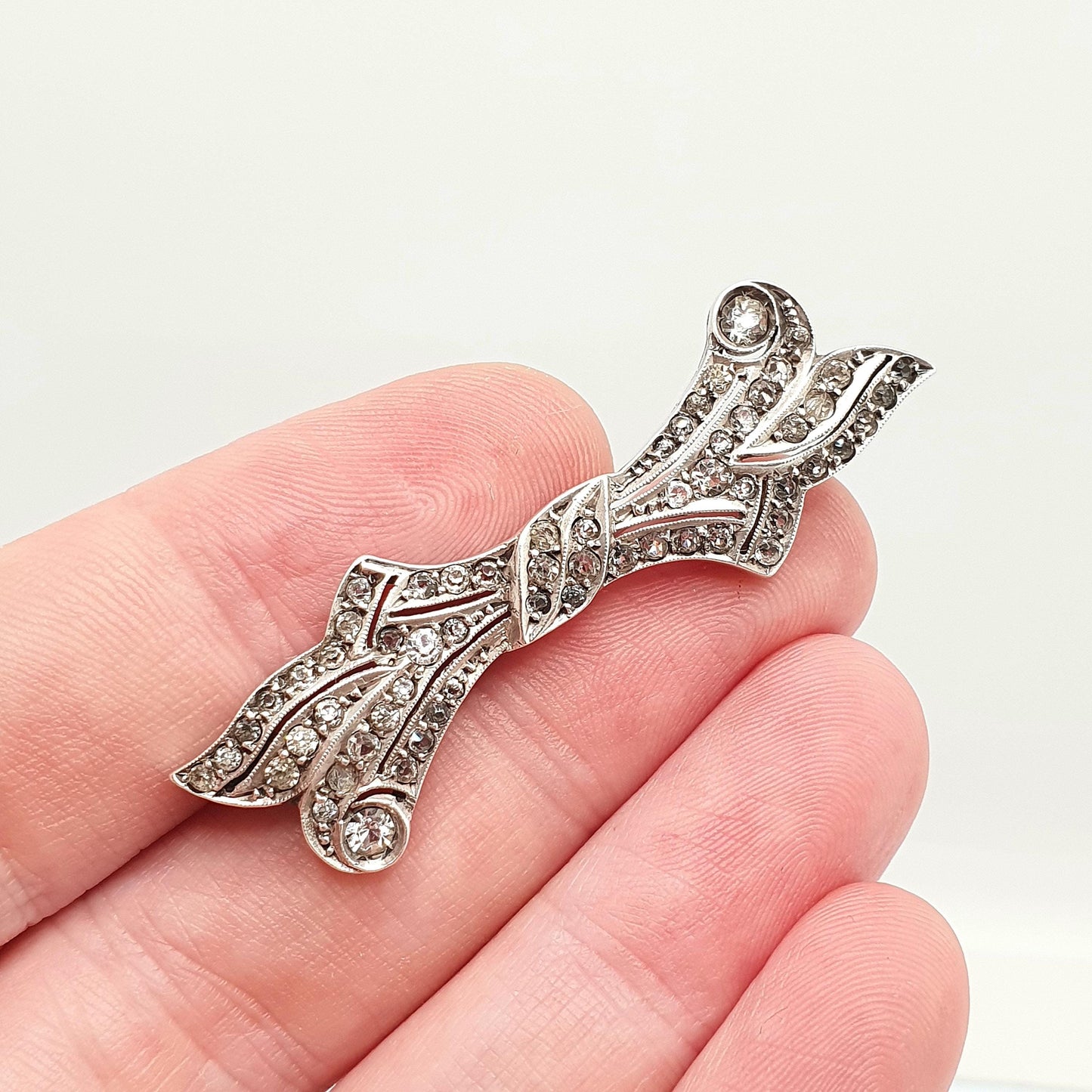 Antique Solid Silver Diamond Paste Brooch Art Deco Bow Scroll Pin 1920s Flapper Geometric Vintage Jewellery Jewelry