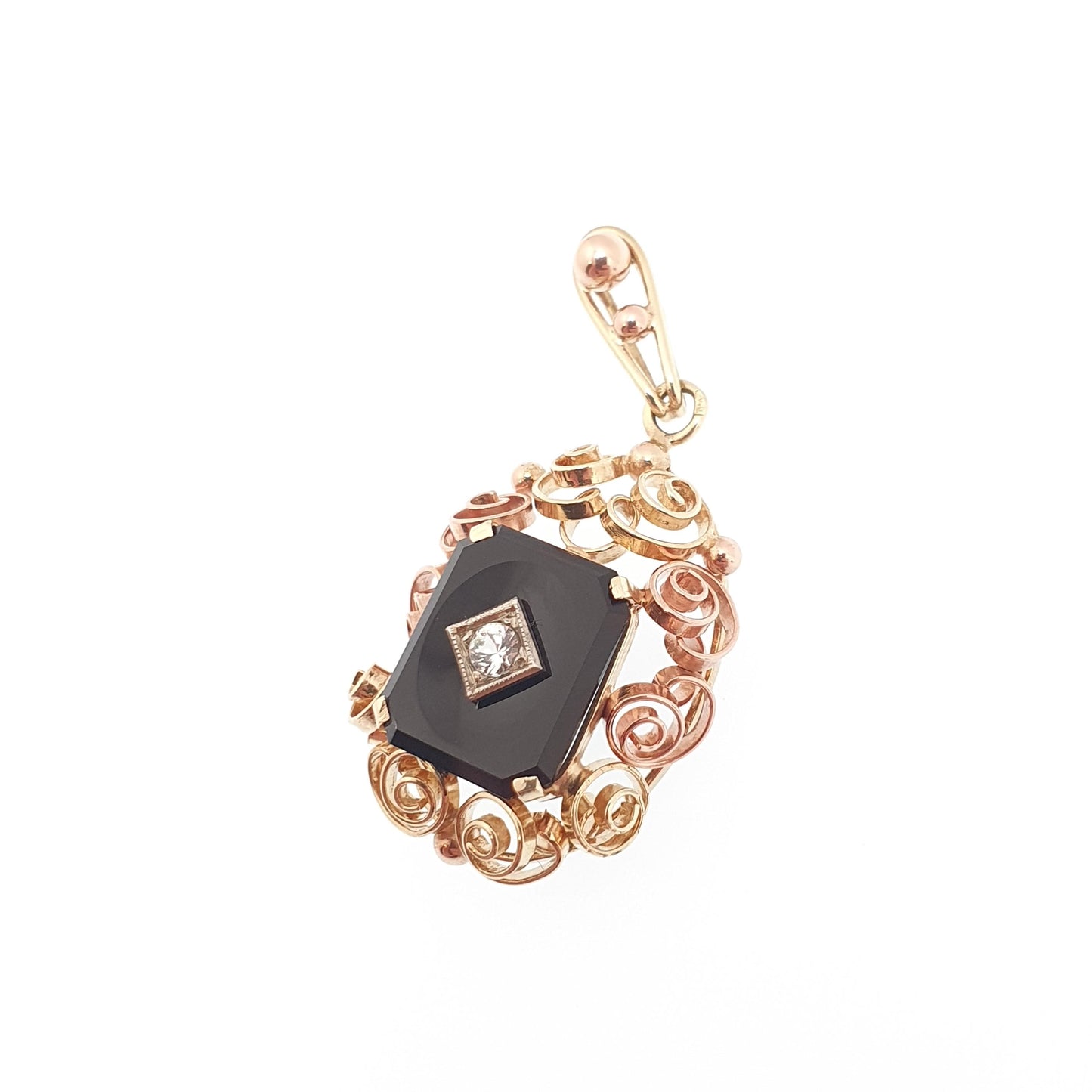 Antique 14k Gold Onyx Pendant Art Deco White Spinel Two Tone Gold Necklace Solid 14kt 585 Rose Yellow Vintage Jewellery Jewelry