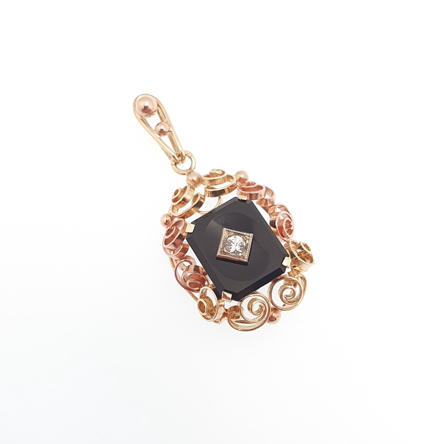 Antique 14k Gold Onyx Pendant Art Deco White Spinel Two Tone Gold Necklace Solid 14kt 585 Rose Yellow Vintage Jewellery Jewelry