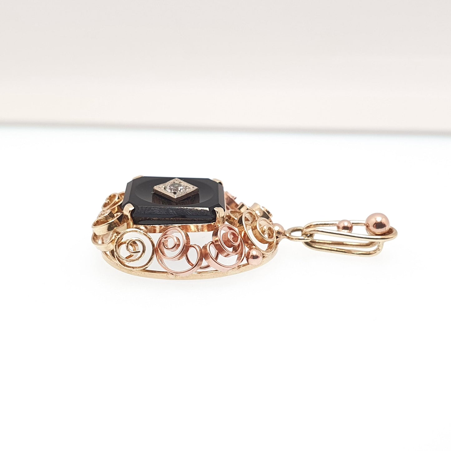 Antique 14k Gold Onyx Pendant Art Deco White Spinel Two Tone Gold Necklace Solid 14kt 585 Rose Yellow Vintage Jewellery Jewelry