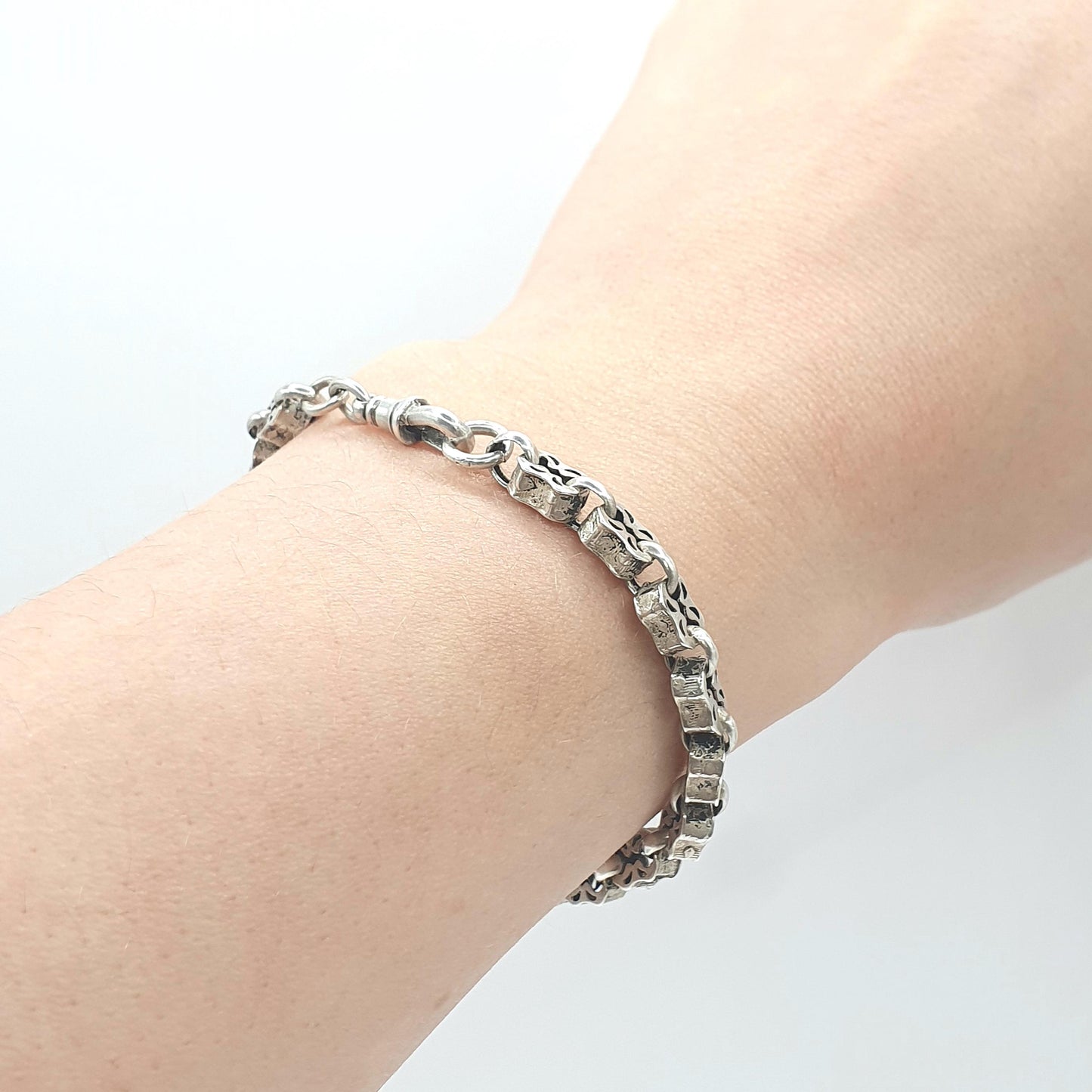 Antique Victorian Fancy Link Bracelet with Dog Clip Stars and Bars Style 7.48g 17.5cm Vintage Womens Jewelry
