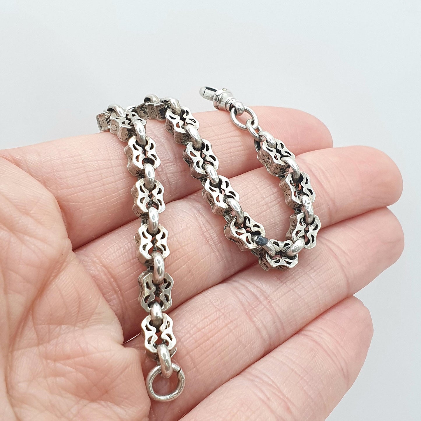 Antique Victorian Fancy Link Bracelet with Dog Clip Stars and Bars Style 7.48g 17.5cm Vintage Womens Jewelry