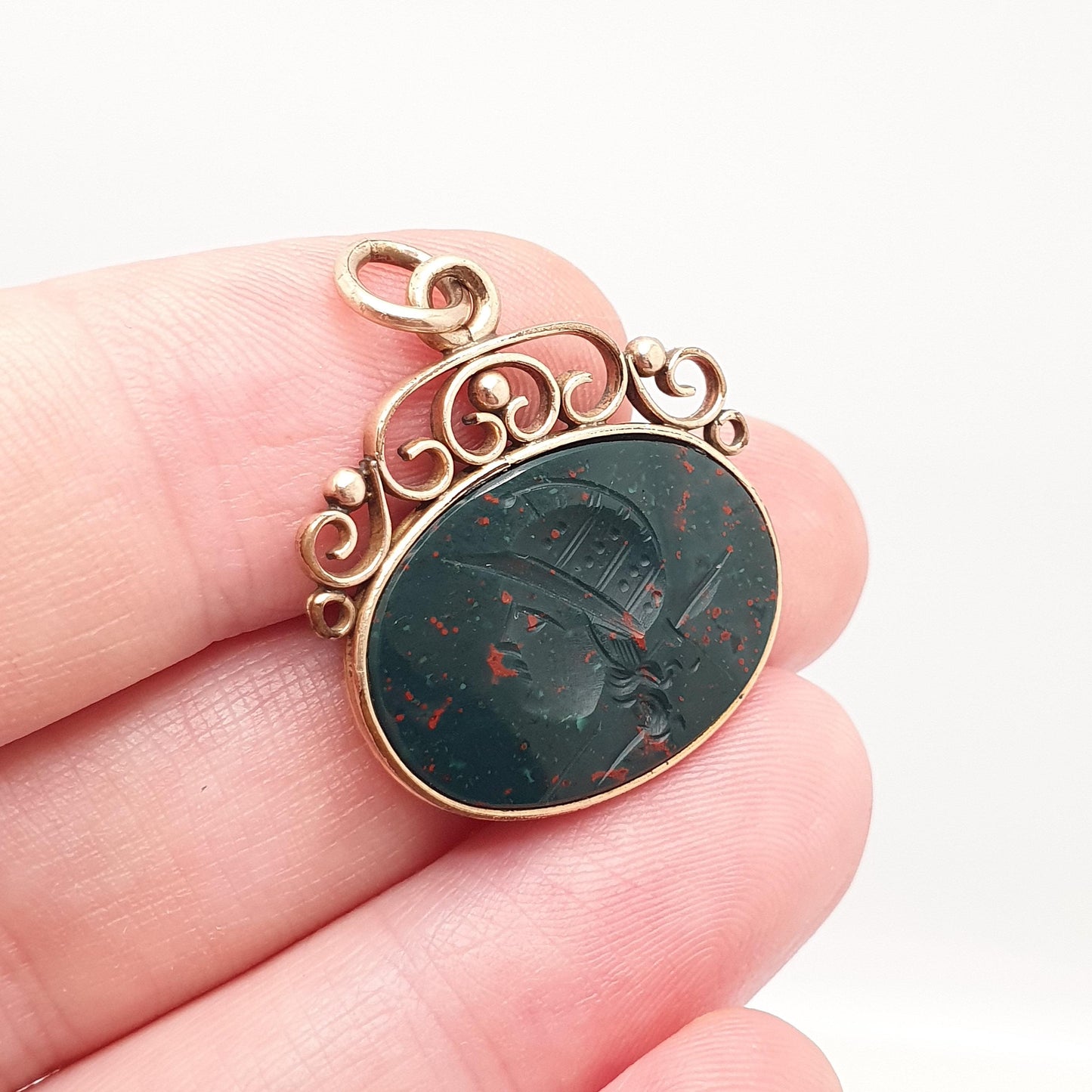 Antique Victorian Bloodstone Centurion Intaglio Pendant Necklace Rolled Gold Filled Solider Hand Carved Agate Gemstone Vintage
