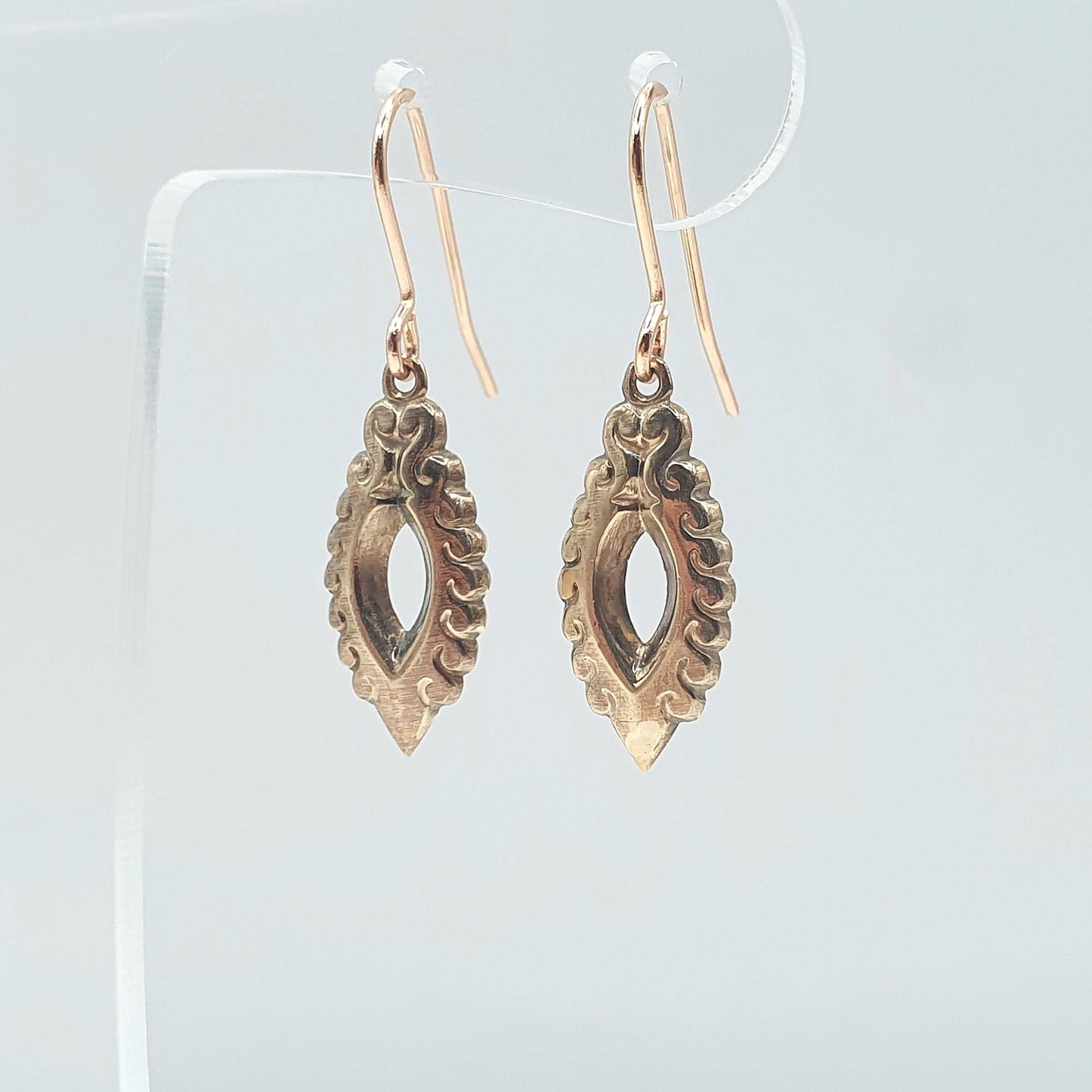 Antique Victorian Rose Rolled Gold Earrings Eye Ellipse Shape Hook Drop Dangle Gold Filled Vintage Womens Jewellery Jewelry