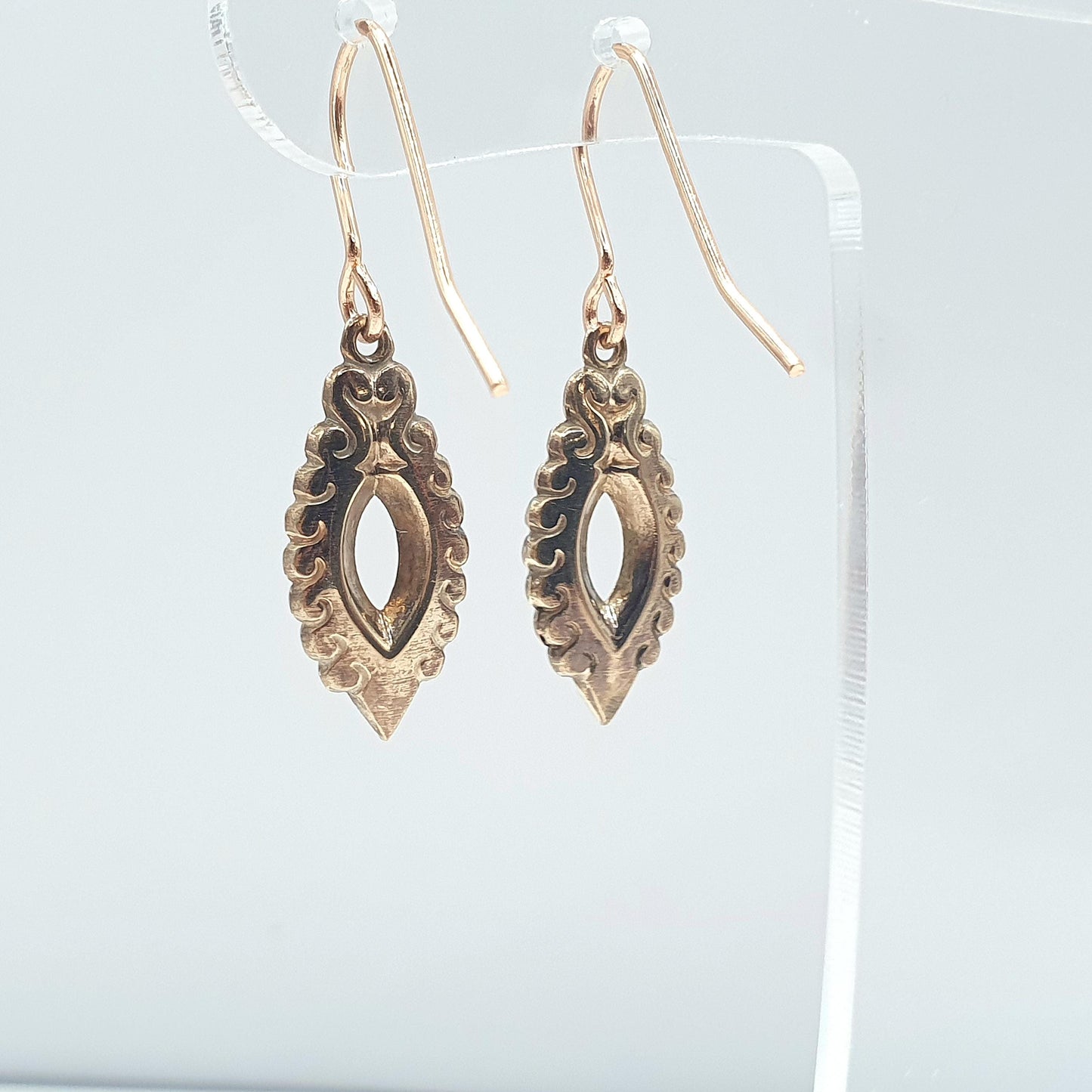 Antique Victorian Rose Rolled Gold Earrings Eye Ellipse Shape Hook Drop Dangle Gold Filled Vintage Womens Jewellery Jewelry