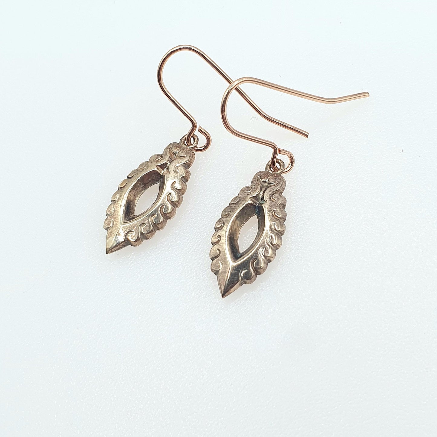 Antique Victorian Rose Rolled Gold Earrings Eye Ellipse Shape Hook Drop Dangle Gold Filled Vintage Womens Jewellery Jewelry