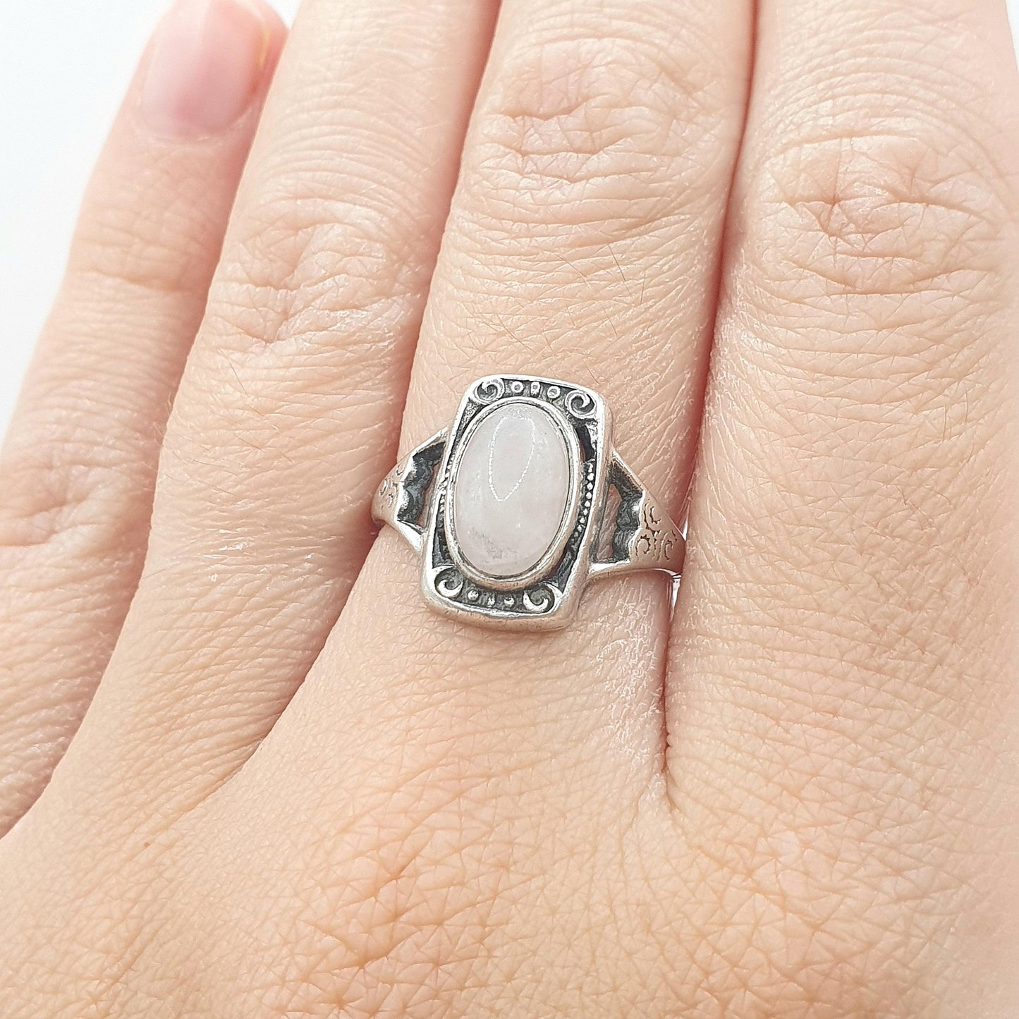 Antique Arts and Crafts Solid Silver Rose Quartz Ring Oval Cabochon Pink Quartz Jewelry Jewellery Vintage UK O.5 or US 7.5
