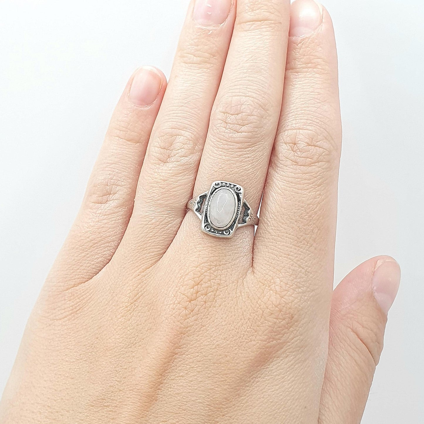 Antique Arts and Crafts Solid Silver Rose Quartz Ring Oval Cabochon Pink Quartz Jewelry Jewellery Vintage UK O.5 or US 7.5