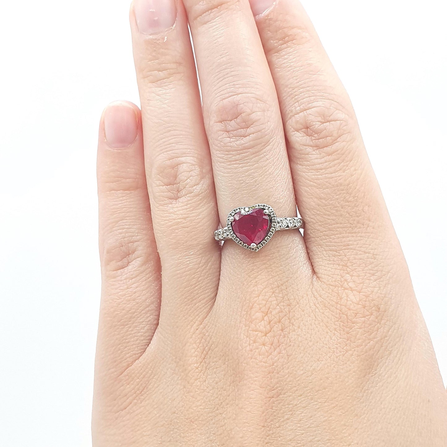 Vintage Sterling Silver Ruby Ring Heart Cut CZ Border Red Gemstone Modernist Retro Love Womens Jewelry Jewellery UK N.5 US 6.75