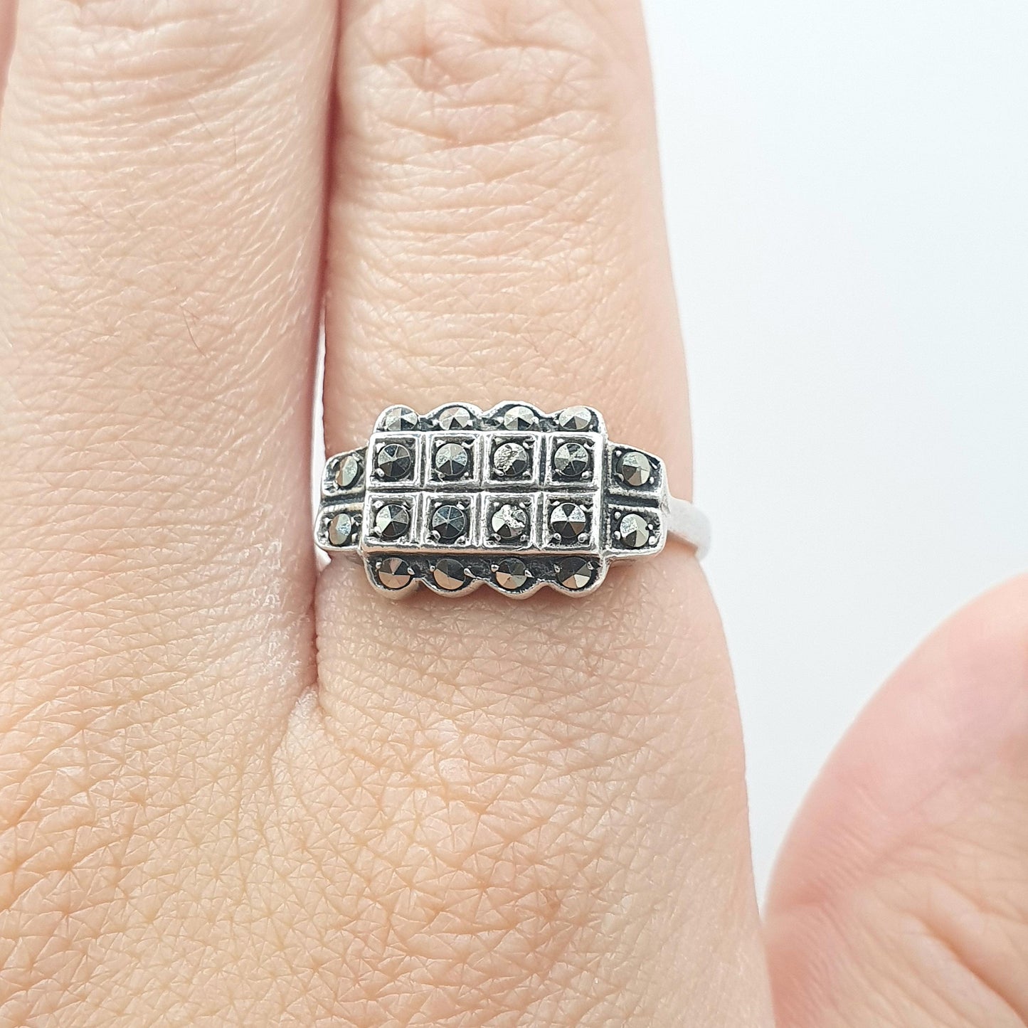 Antique Art Deco Sterling Silver Marcasite Ring Rectangular Geometric Cocktail Flapper Jewellery Womens UK Q US 8.25