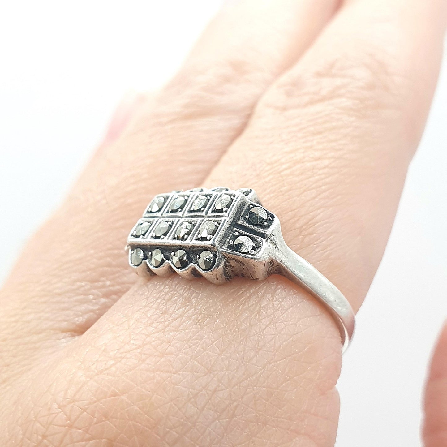 Antique Art Deco Sterling Silver Marcasite Ring Rectangular Geometric Cocktail Flapper Jewellery Womens UK Q US 8.25