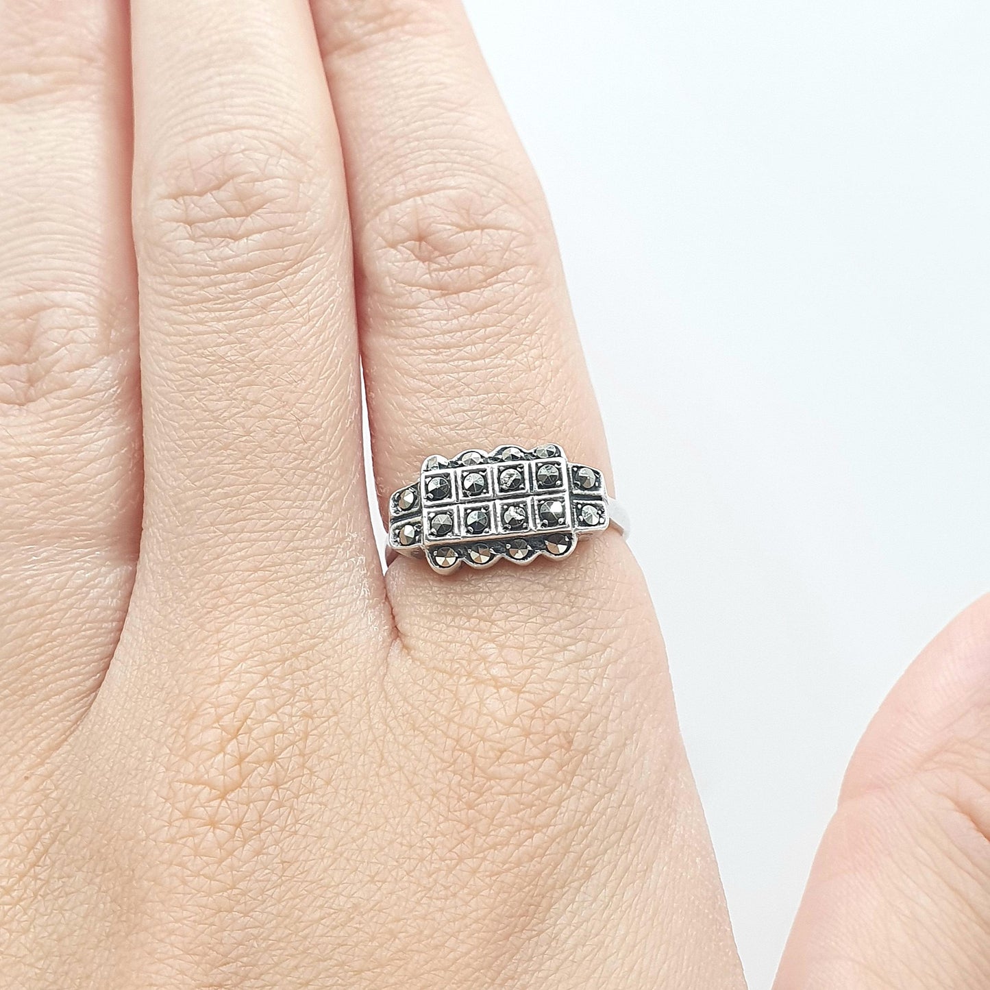 Antique Art Deco Sterling Silver Marcasite Ring Rectangular Geometric Cocktail Flapper Jewellery Womens UK Q US 8.25