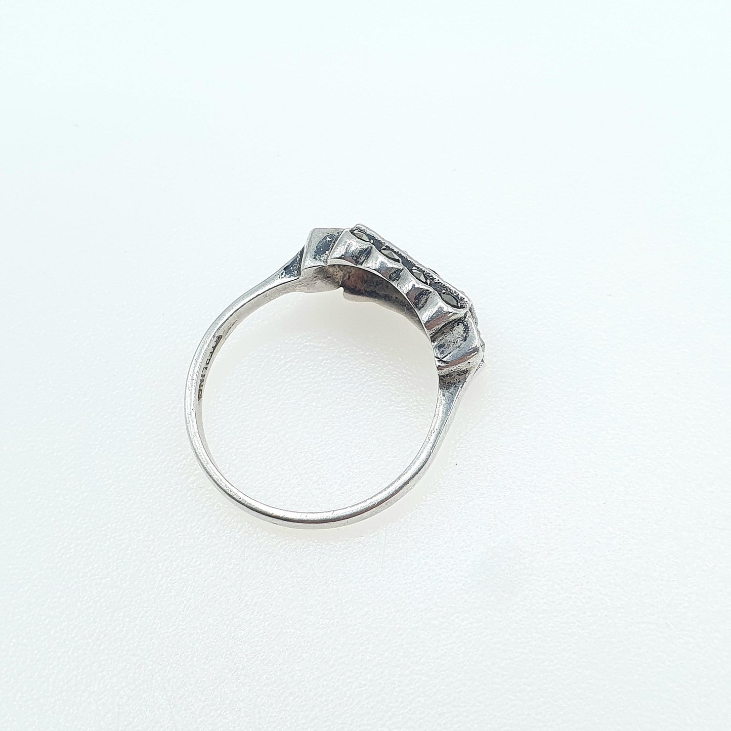 Antique Art Deco Sterling Silver Marcasite Ring Rectangular Geometric Cocktail Flapper Jewellery Womens UK Q US 8.25