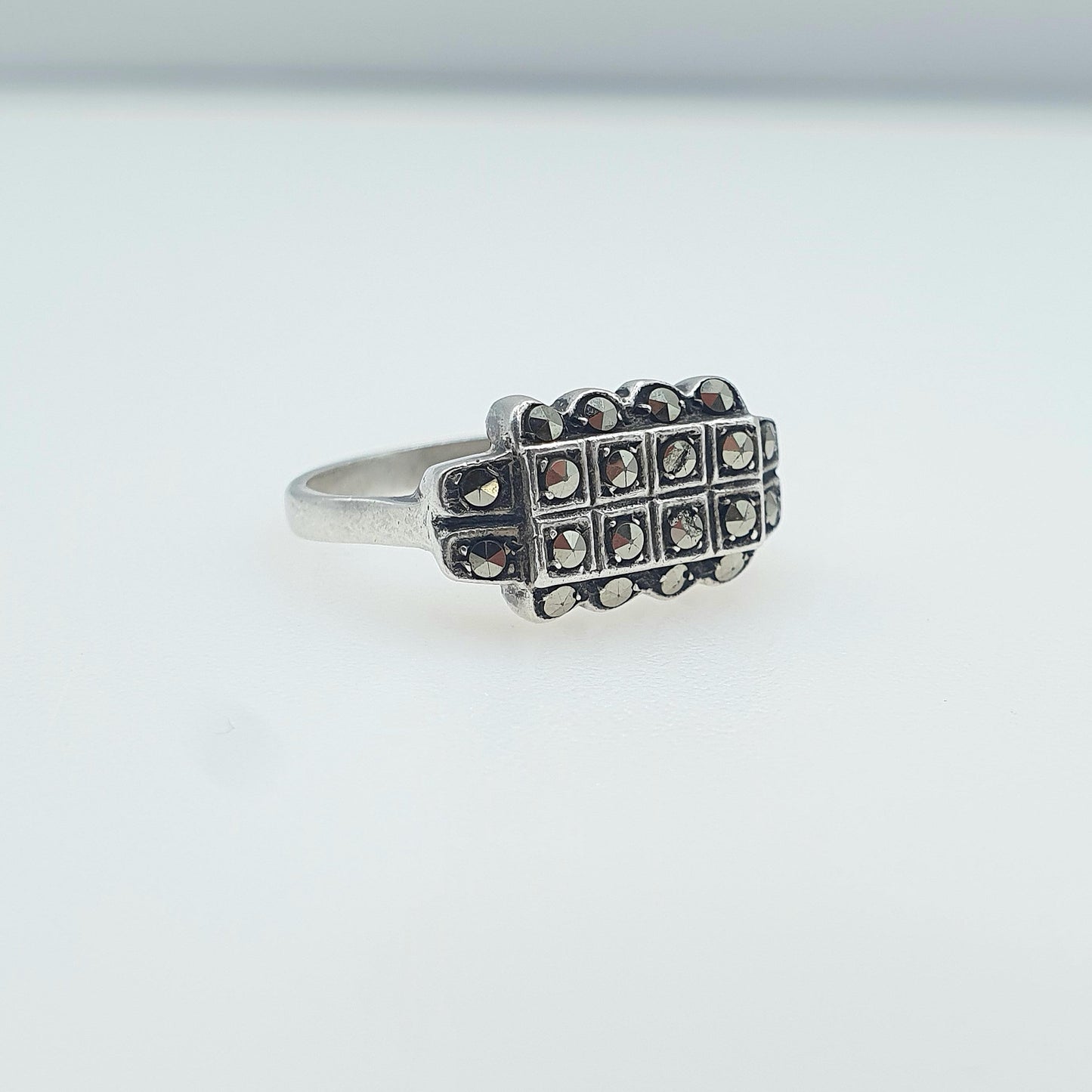 Antique Art Deco Sterling Silver Marcasite Ring Rectangular Geometric Cocktail Flapper Jewellery Womens UK Q US 8.25