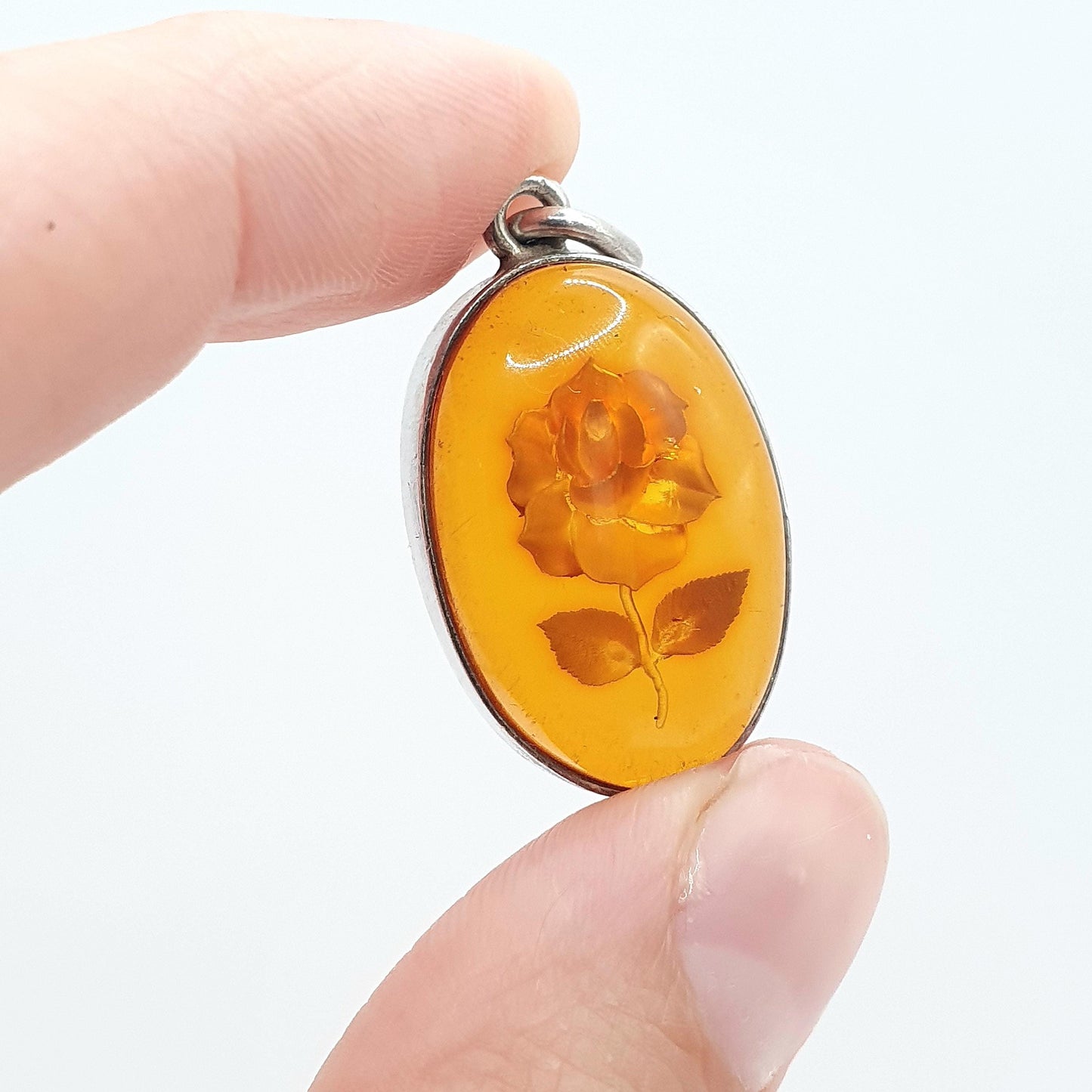 Vintage Sterling Silver Reverse Carved Amber Pendant Flower Intaglio Orange Jewellery Retro Solid 925 Floral Womens Jewelry Mens