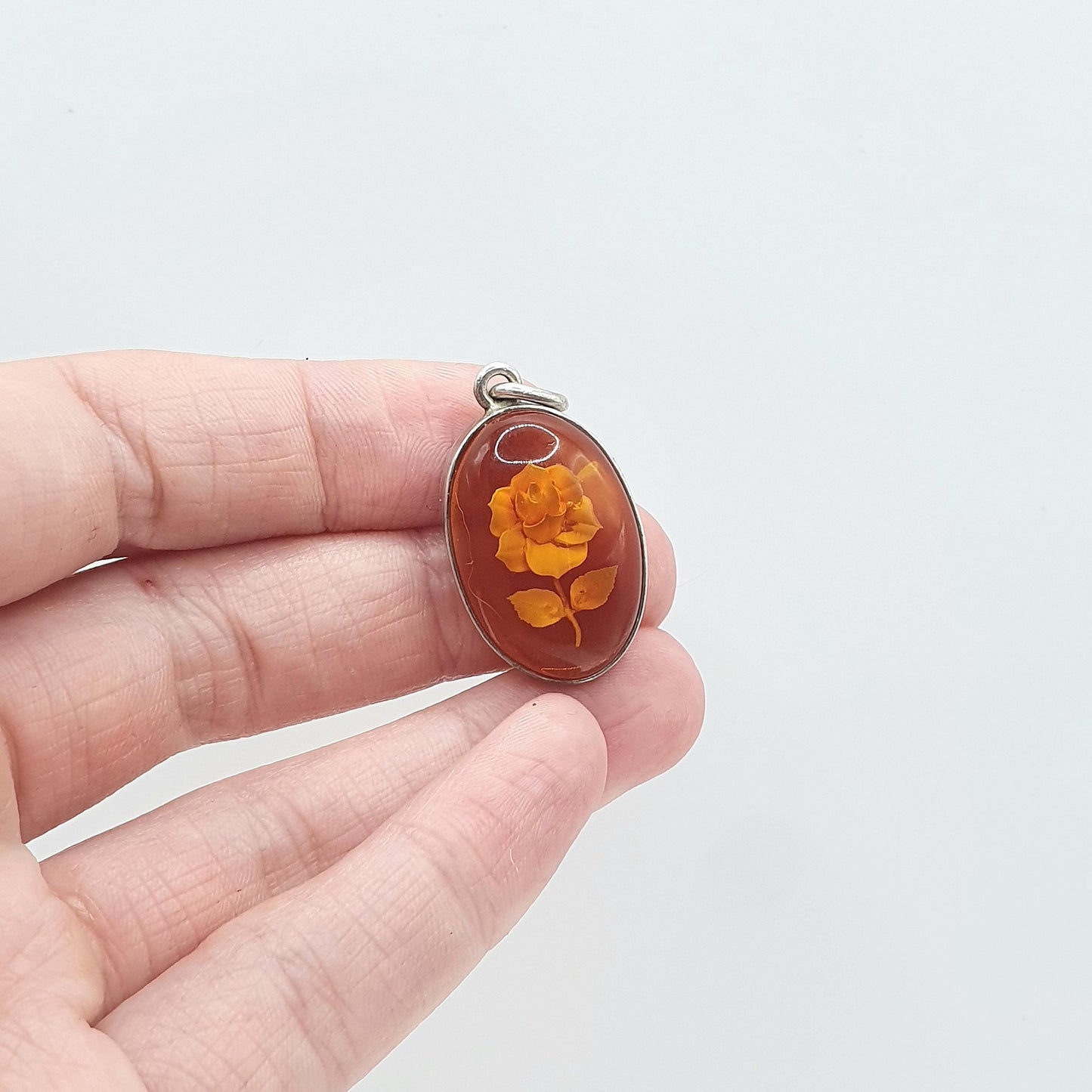 Vintage Sterling Silver Reverse Carved Amber Pendant Flower Intaglio Orange Jewellery Retro Solid 925 Floral Womens Jewelry Mens