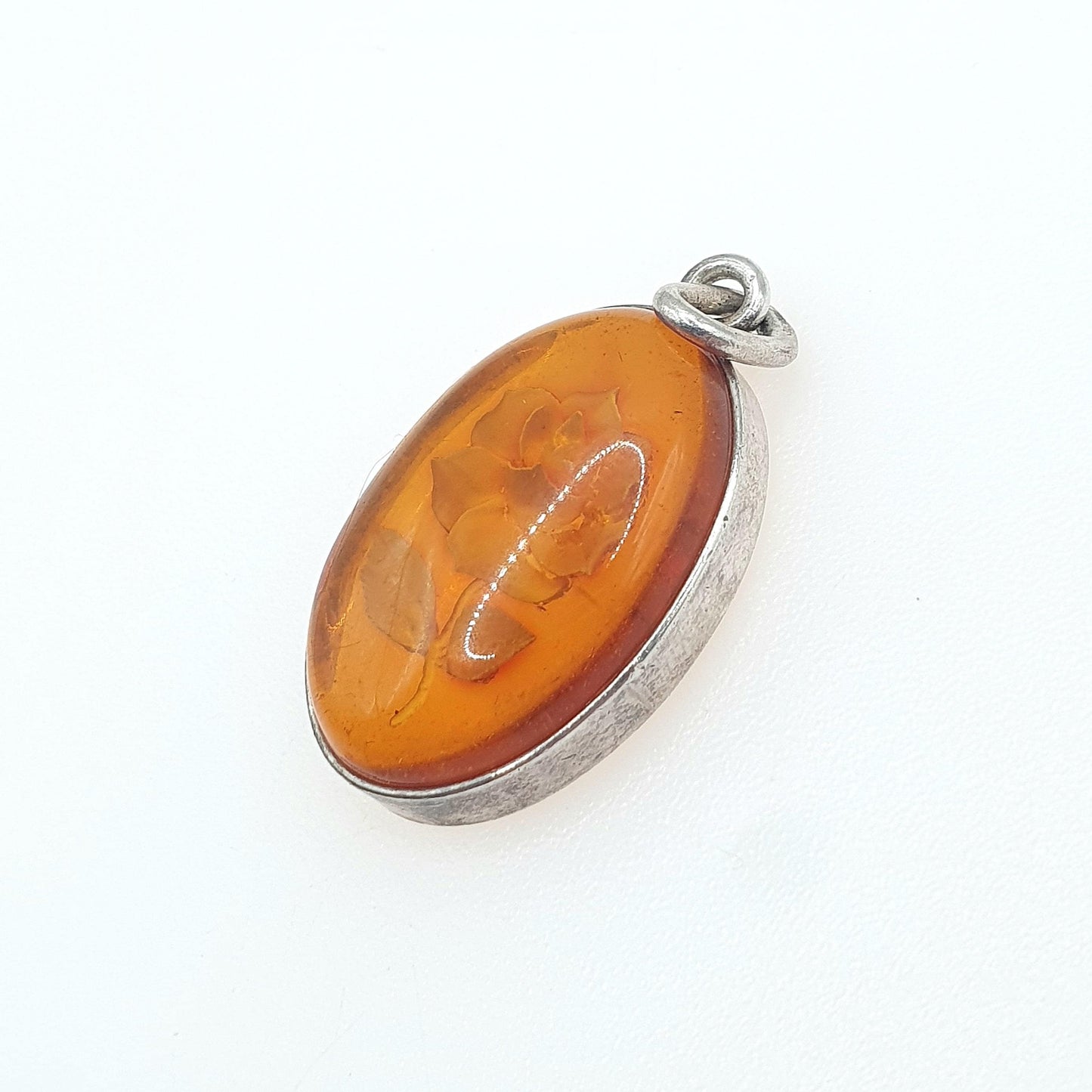 Vintage Sterling Silver Reverse Carved Amber Pendant Flower Intaglio Orange Jewellery Retro Solid 925 Floral Womens Jewelry Mens