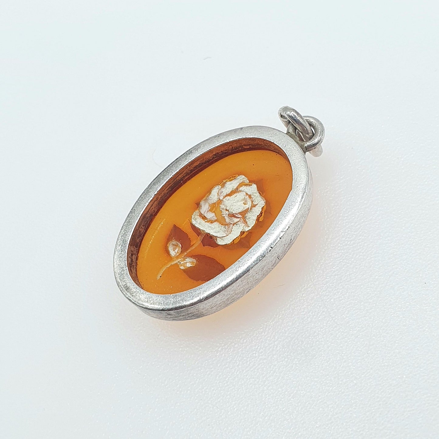 Vintage Sterling Silver Reverse Carved Amber Pendant Flower Intaglio Orange Jewellery Retro Solid 925 Floral Womens Jewelry Mens