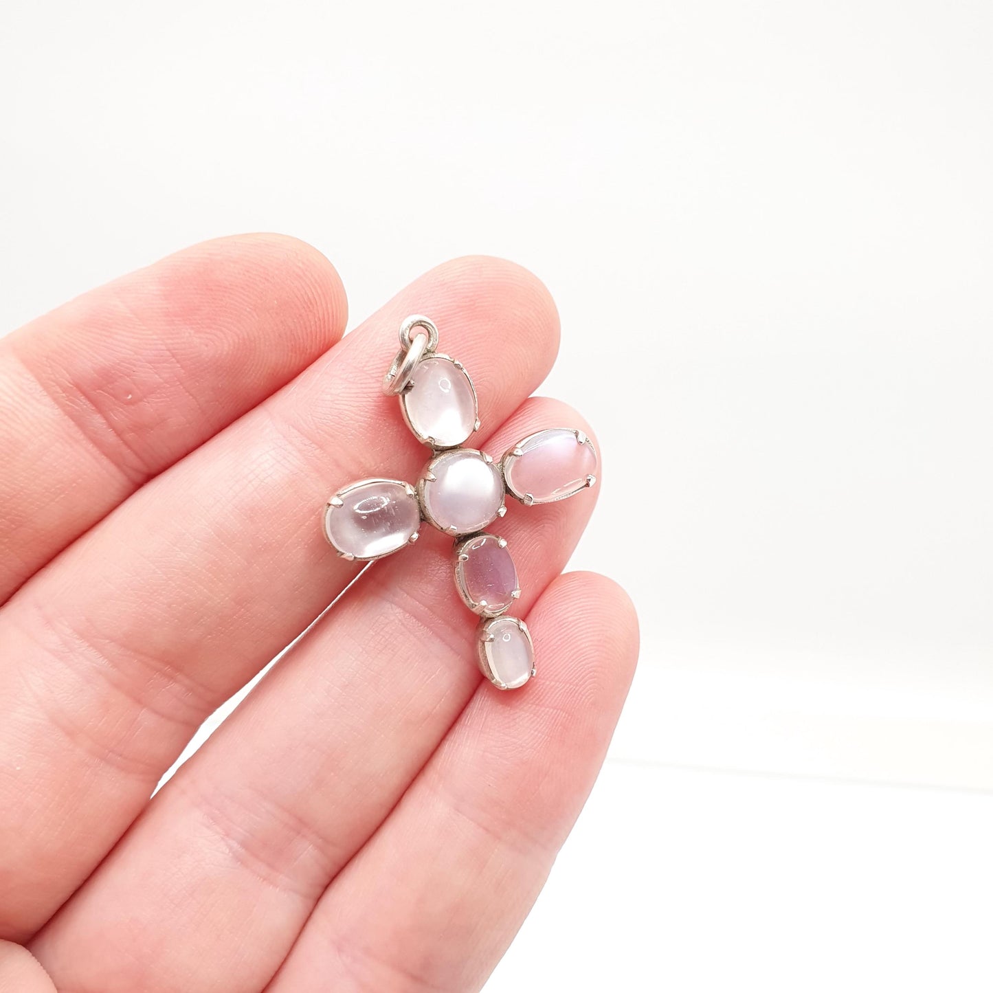 Antique Solid Silver Moonstone Cross Necklace Crucifix Pendant Victorian Blue Adularescence Gemstone Jewelry Vintage