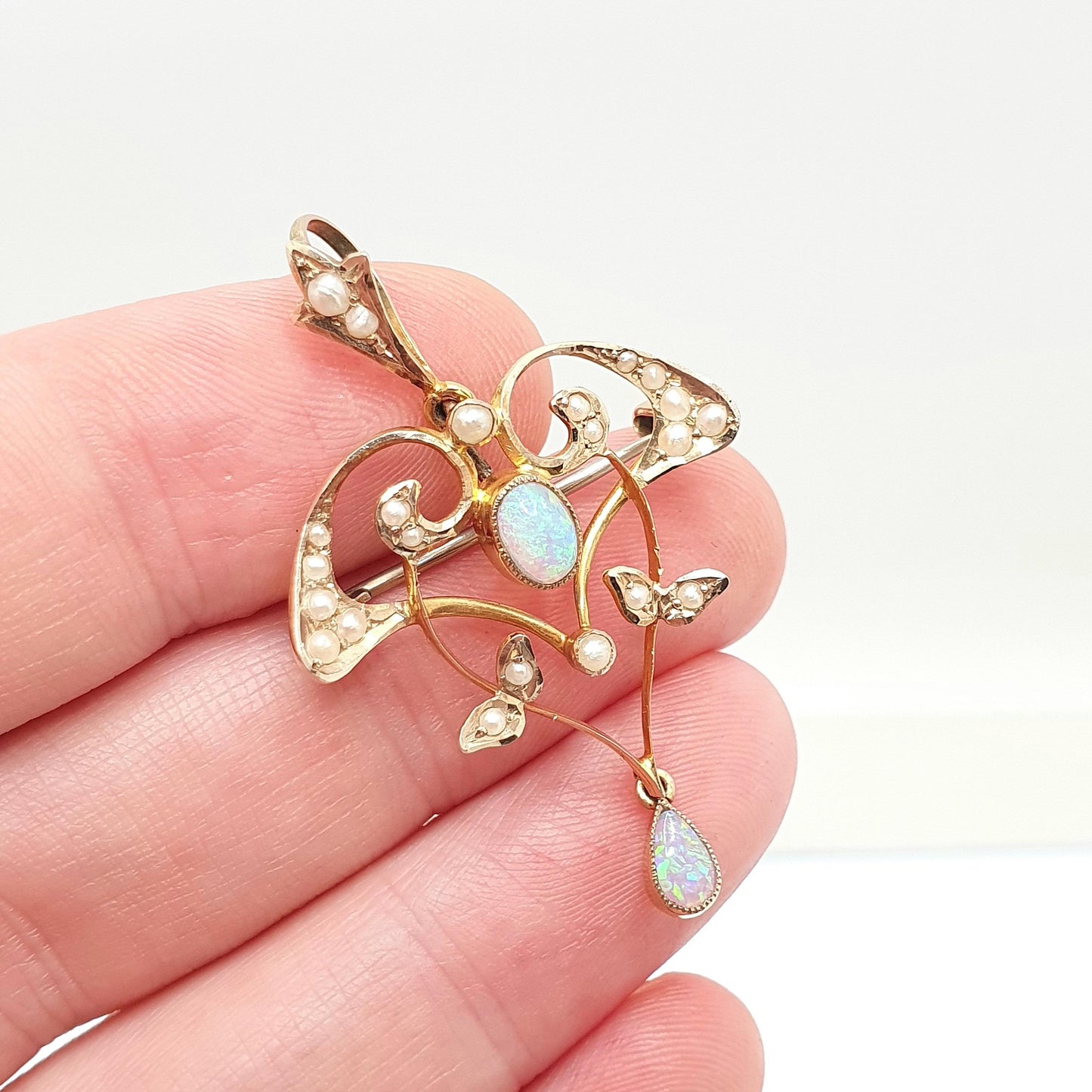 Antique 9ct Gold Opal & Pearl Necklace Pendant Brooch Art Nouveau Solid 9k 9kt Carat Vintage Natural Gemstones Jewelry Jewellery