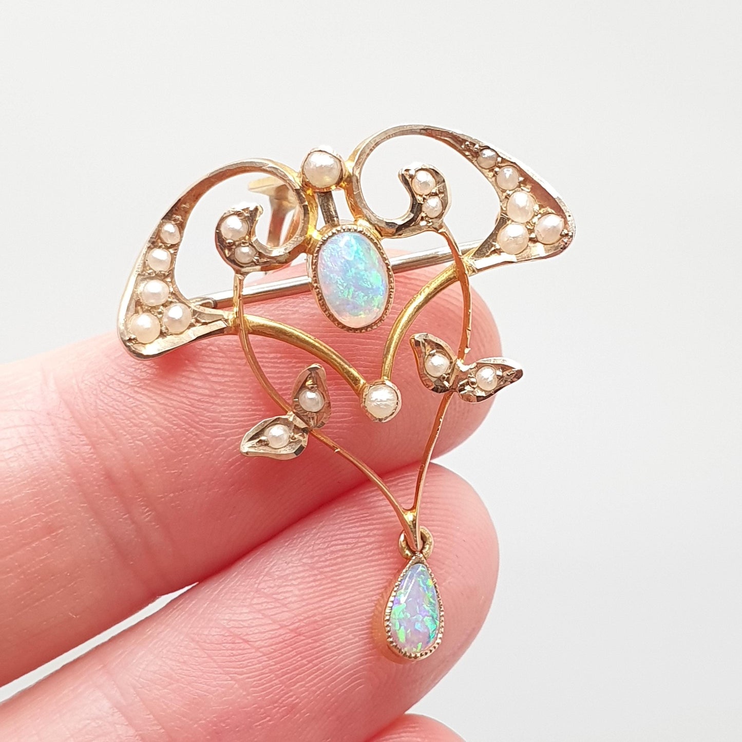 Antique 9ct Gold Opal & Pearl Necklace Pendant Brooch Art Nouveau Solid 9k 9kt Carat Vintage Natural Gemstones Jewelry Jewellery
