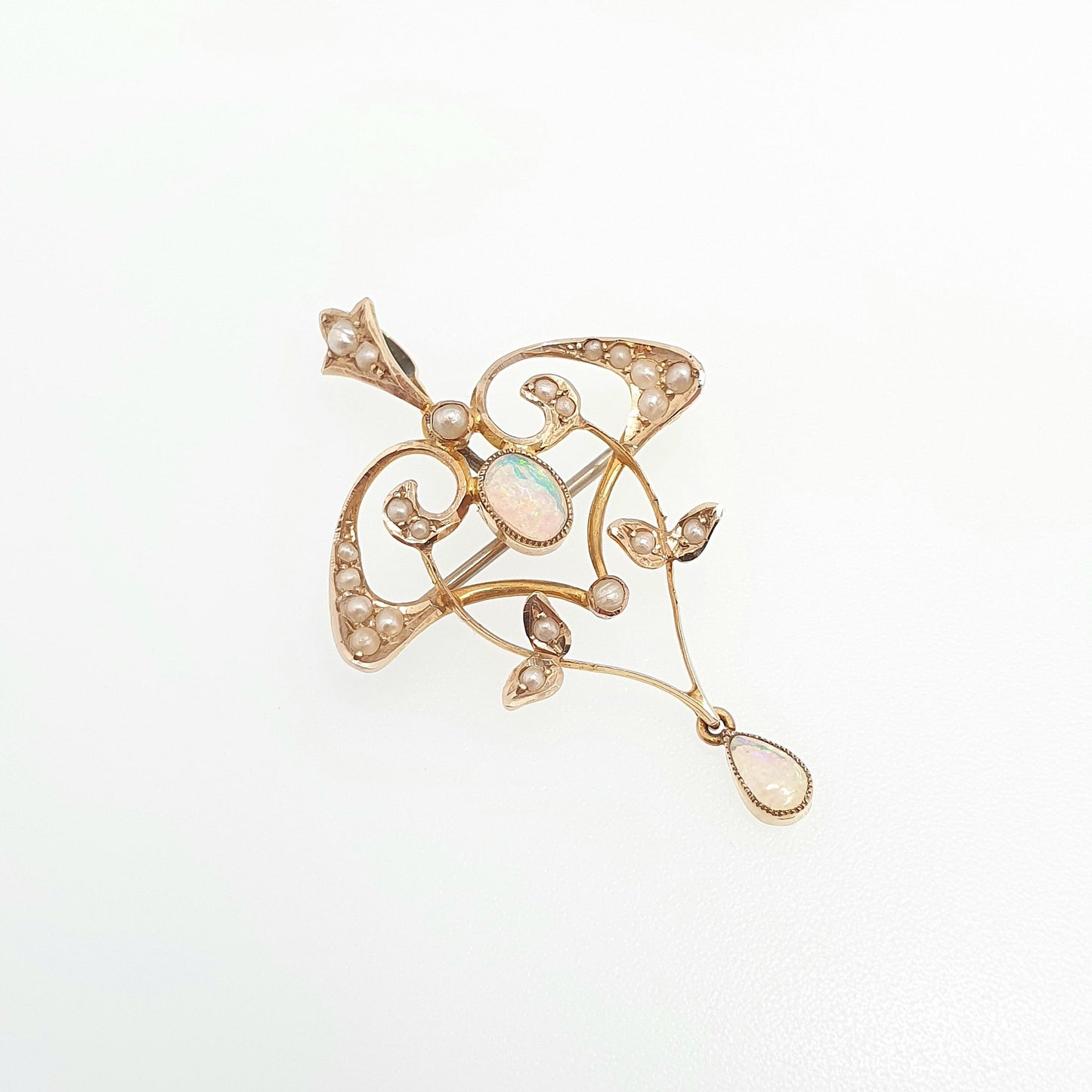 Antique 9ct Gold Opal & Pearl Necklace Pendant Brooch Art Nouveau Solid 9k 9kt Carat Vintage Natural Gemstones Jewelry Jewellery