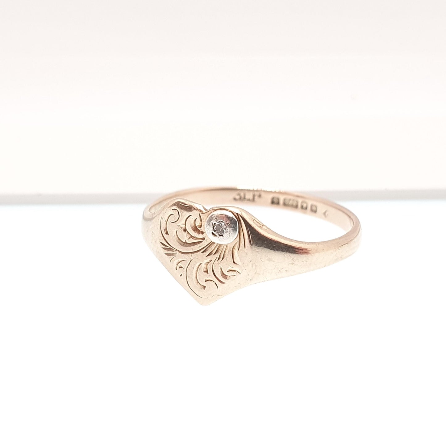 Vintage 9ct Gold Diamond Heart Signet Ring Diamond Gemstone Solid 9k 375 Engraved Womens Jewelry Jewellery
