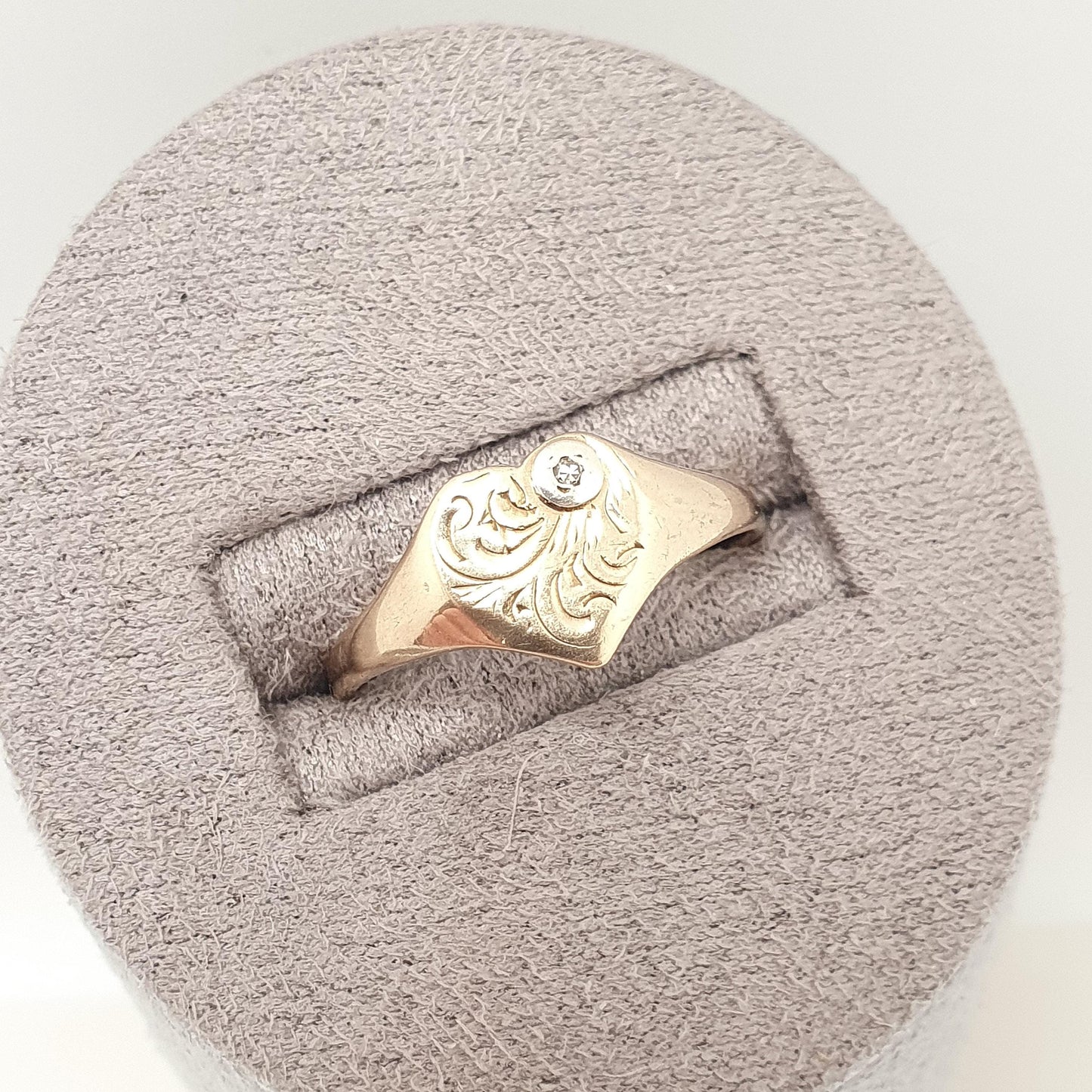 Vintage 9ct Gold Diamond Heart Signet Ring Diamond Gemstone Solid 9k 375 Engraved Womens Jewelry Jewellery