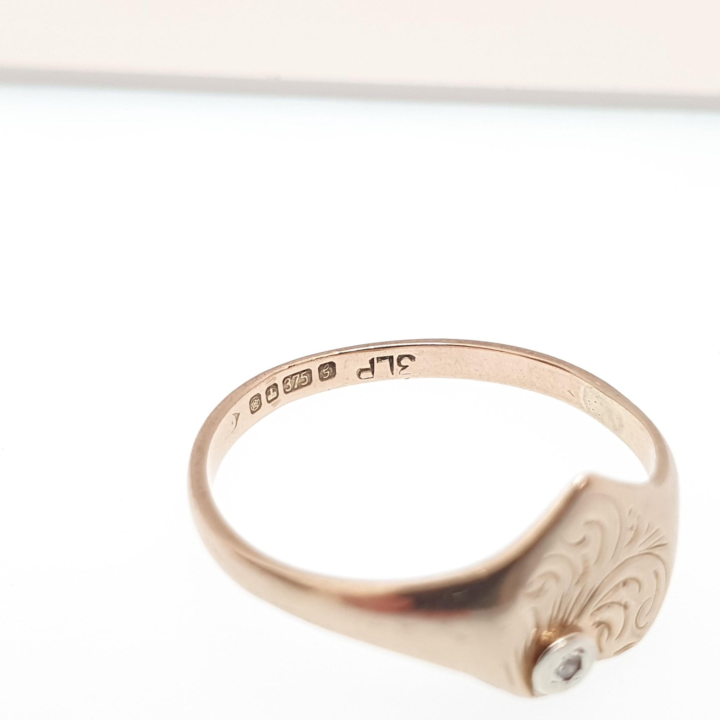 Vintage 9ct Gold Diamond Heart Signet Ring Diamond Gemstone Solid 9k 375 Engraved Womens Jewelry Jewellery