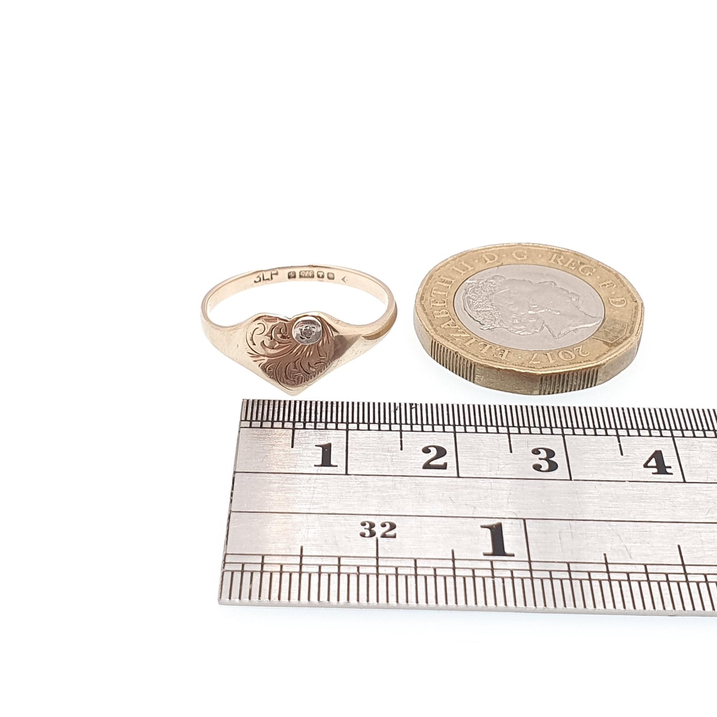 Vintage 9ct Gold Diamond Heart Signet Ring Diamond Gemstone Solid 9k 375 Engraved Womens Jewelry Jewellery