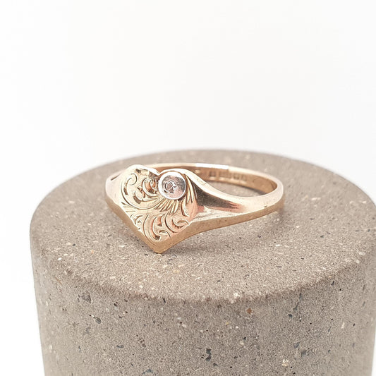 Vintage 9ct Gold Diamond Heart Signet Ring Diamond Gemstone Solid 9k 375 Engraved Womens Jewelry Jewellery