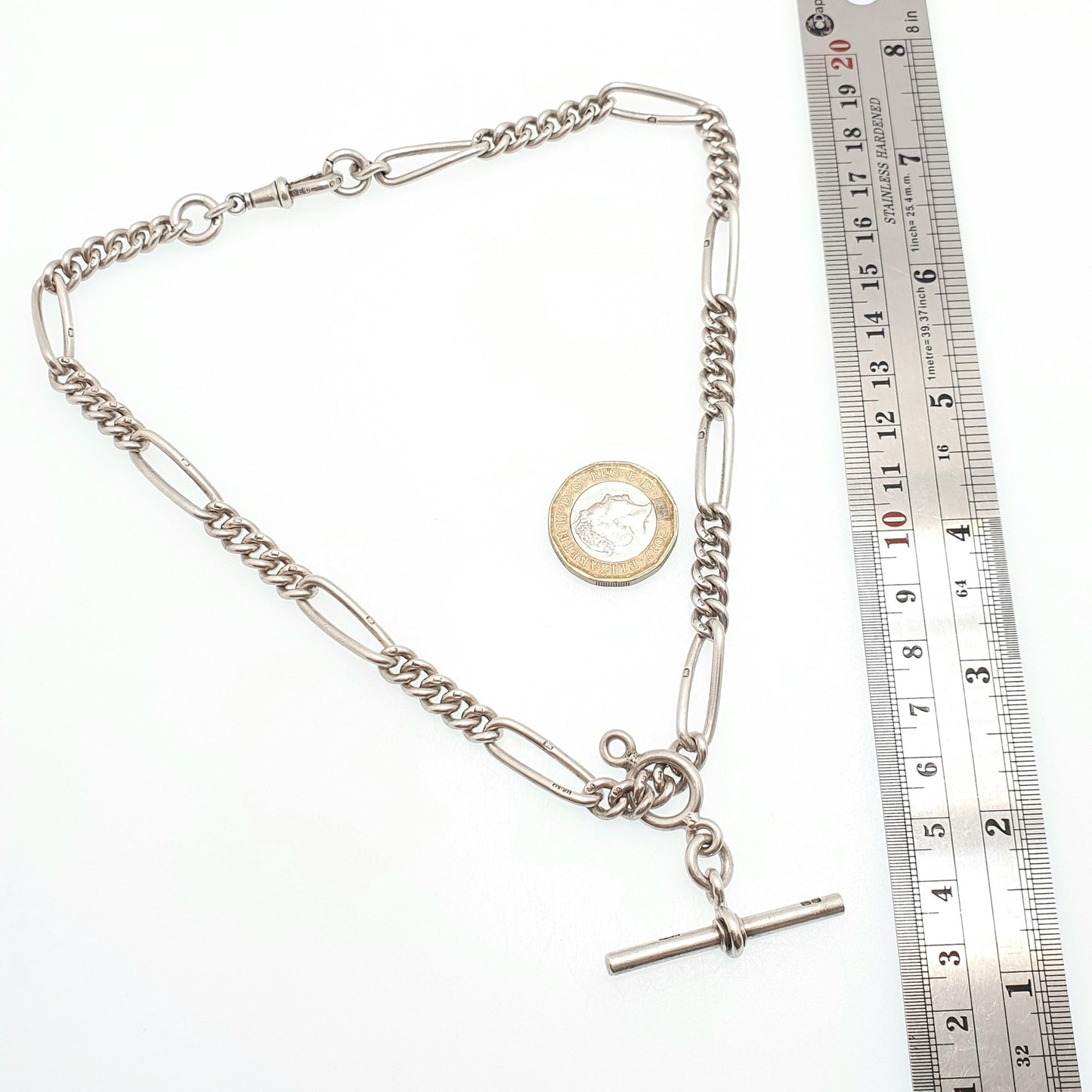 Antique Victorian Sterling Silver Albert Chain T Bar Necklace Figaro Link Curb Dog Clip 42cm 16.5" 50.51g Hallmark Vintage Jewelry