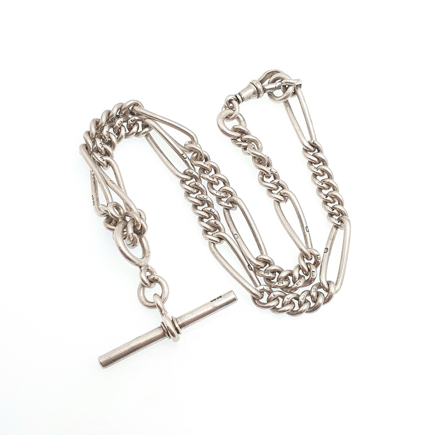 Antique Victorian Sterling Silver Albert Chain T Bar Necklace Figaro Link Curb Dog Clip 42cm 16.5" 50.51g Hallmark Vintage Jewelry