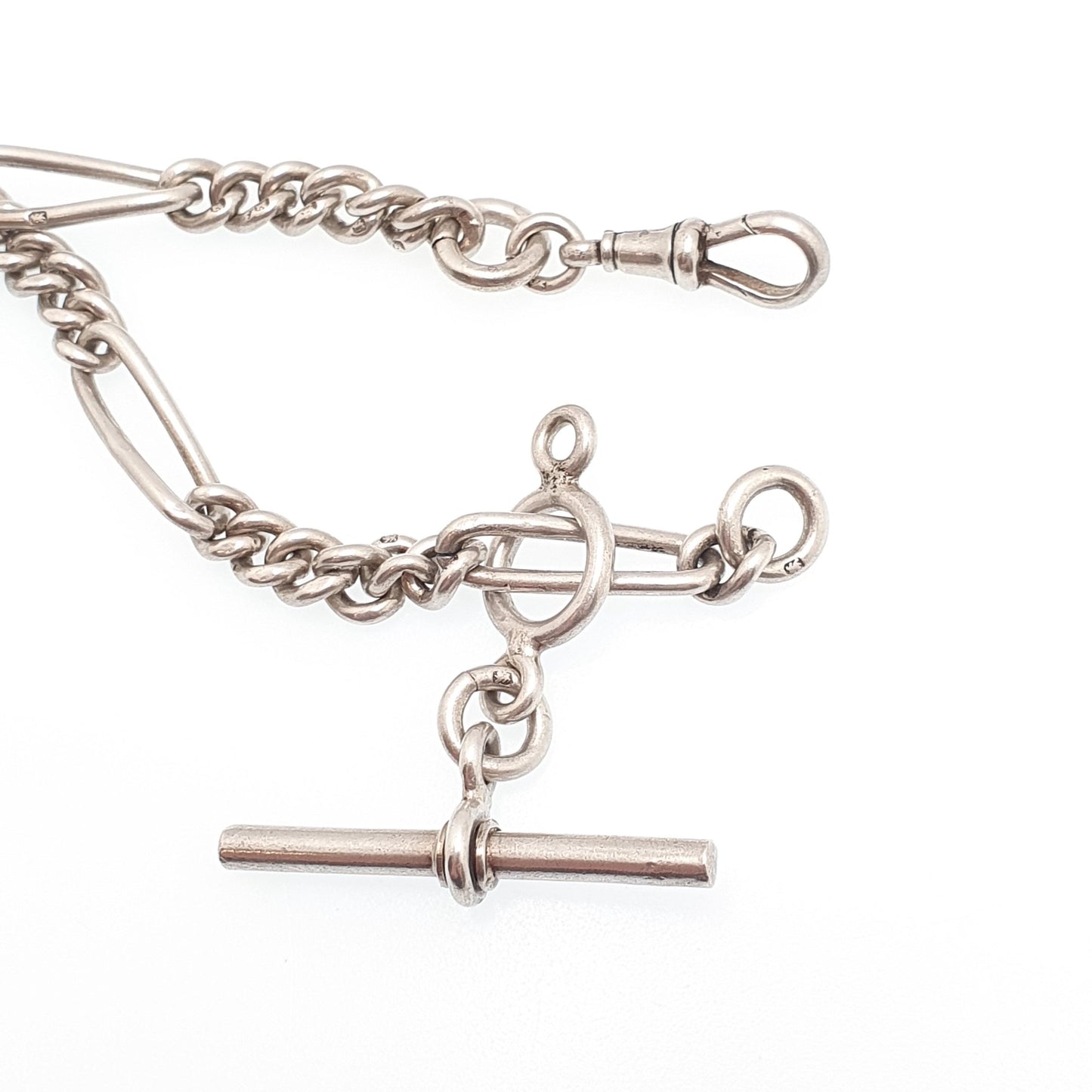 Antique Victorian Sterling Silver Albert Chain T Bar Necklace Figaro Link Curb Dog Clip 42cm 16.5" 50.51g Hallmark Vintage Jewelry